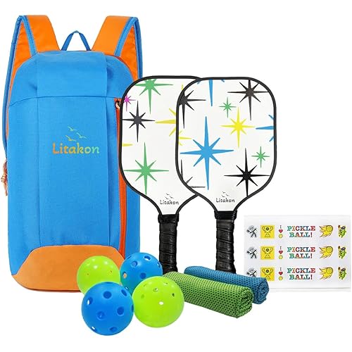 Premium Youth Pickleball Paddle Set, 2 Fiberglass Kids Paddles with Honeycomb Core, Bundle of Lightweight Fiberglass Rackets for Kids Age 4-12, Backpack, 4 Balls, 2 Kids Rackets