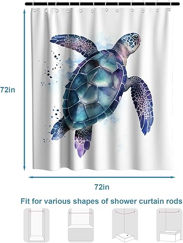 Vista 122 de Cortina de ducha de tortugas marinas, temática náutica de playa, verde y verde azulado, sin ganchos, punto gofre y forro desmontable, decoración