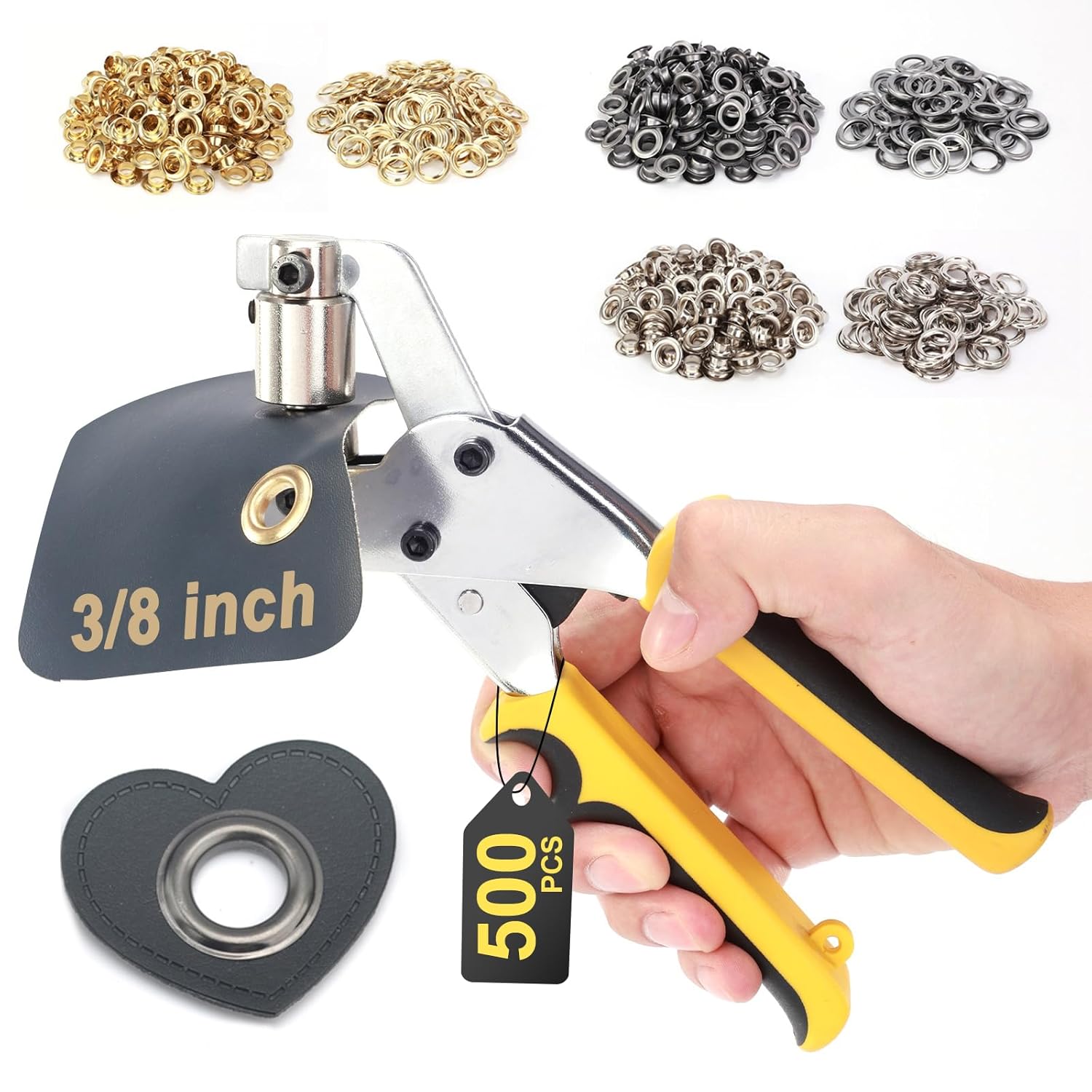 iklestar 3/8 Inch Grommet Tool Kit, Handheld Eyelets Press Pliers Kit, Grommets Punch Hole Maker Manual Machine with 500Pcs 10mm Grommets (300 Gold+ 150 Sliver+ 150 Grey) for Tarp Leather Fabric