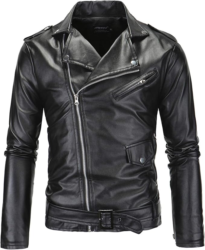 CNBPLS Men's PU Leather Jacket,Casual Belt Faux Leather Motorcycle