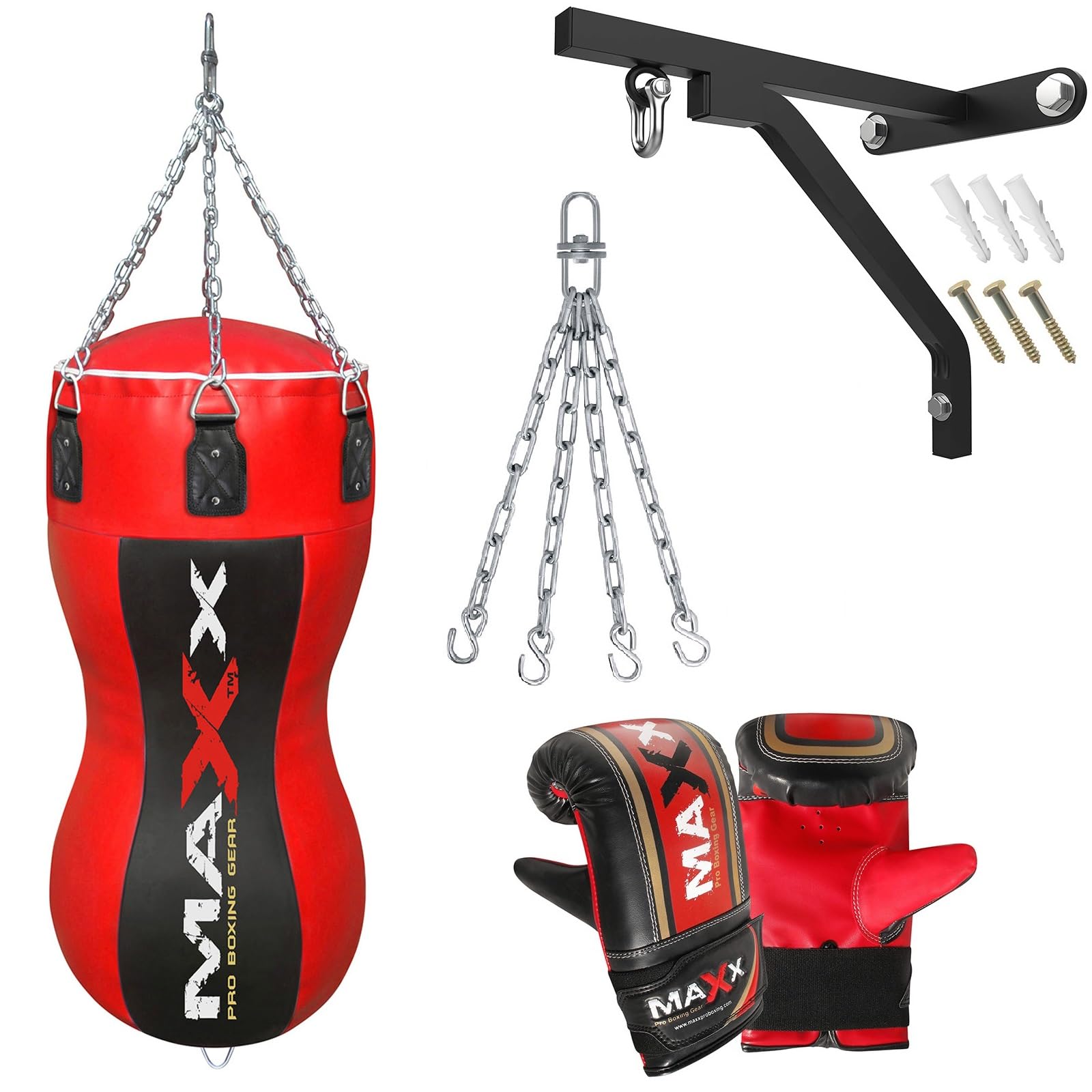 Maxx Black/Red Heavy Duty Punch Bags - Uppercut, Triple, Angle, Wrecking & More (Body Bag, BAG WITH BRACKET+MITTS)