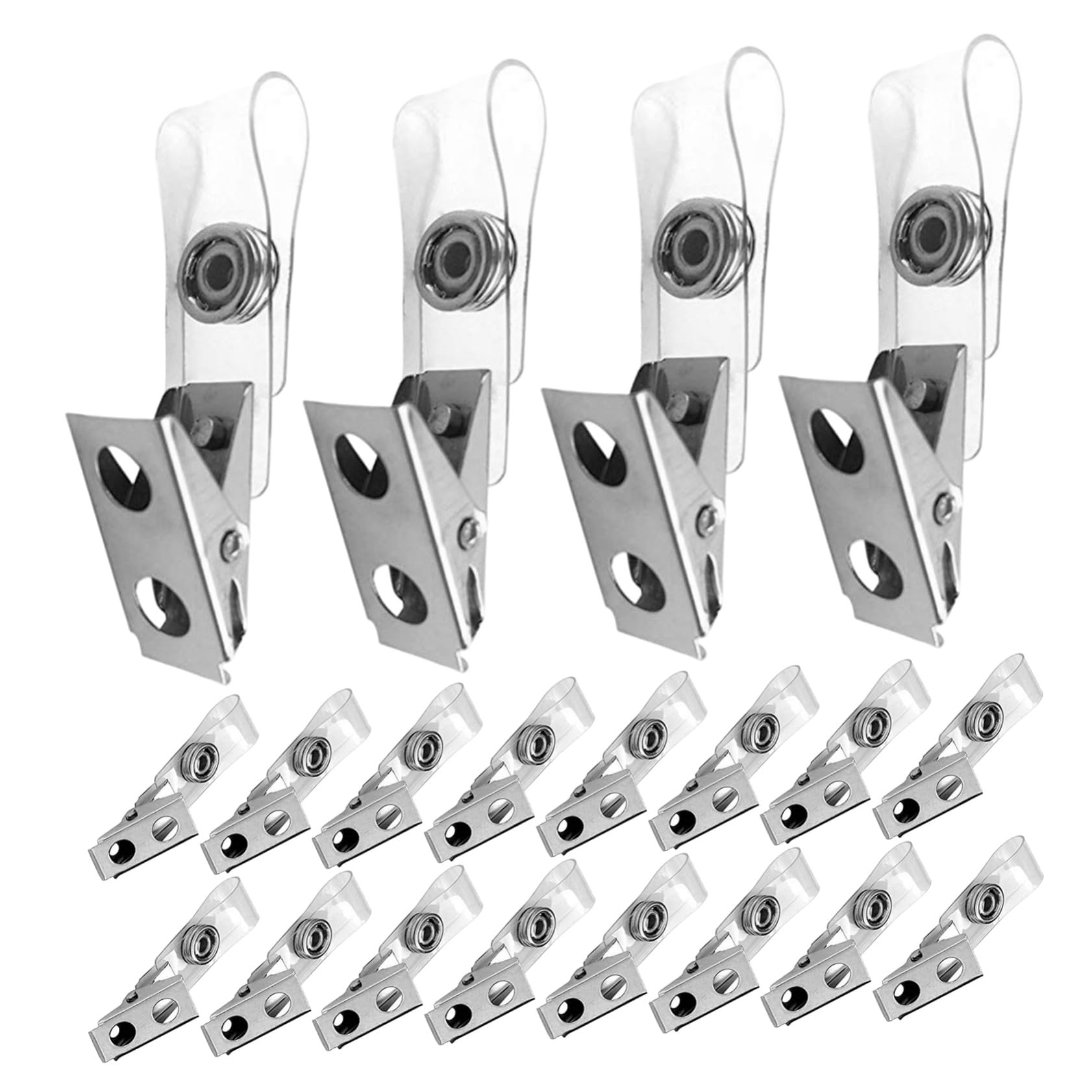 NUOBESTY 250 Pièces Clips Badge Métal avec Double Trou et Lanières PVC Transparentes Pinces Porte-badge Compactes pour Cartes Identité et Étiquettes Nom Travail et Conférences