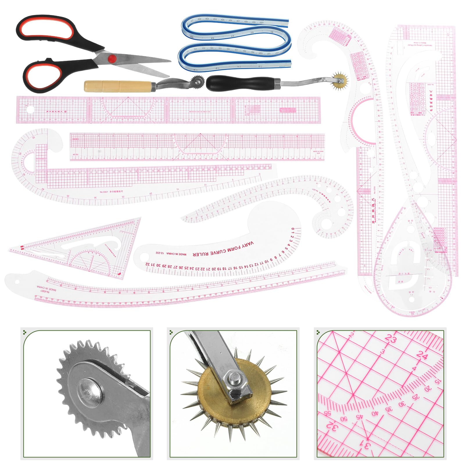 UKCOCO Nählineal 14 Stück zum Präzisen Schneiden und Modifizieren aus Pvc und Edelstahl mit Kurvenlineal und Schnittmusterführung für Anfänger und Designer