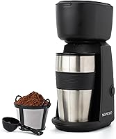 Mixpresso Single Serve Coffee Maker with 14oz Travel Mug - Portable Drip Brewer, Auto Shut-Off, Grounds Compatible, Compact for Office & Travel