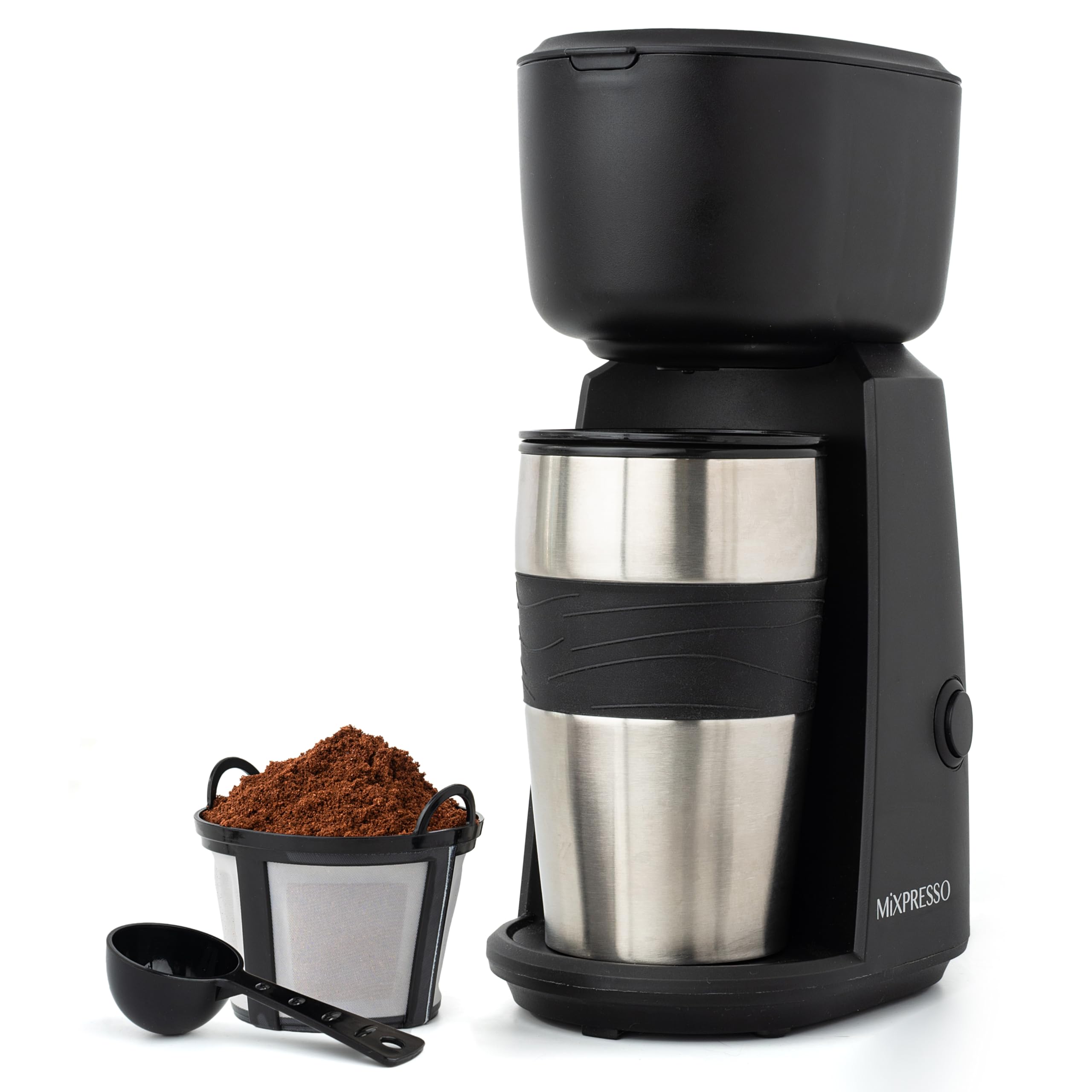 Mixpresso Personal Single Serve Coffee Maker & 14oz Travel Mug, Drip Small Coffee Maker & Tumbler, Auto Shut Off & Reusable Filter, Compatible with Coffee Grounds