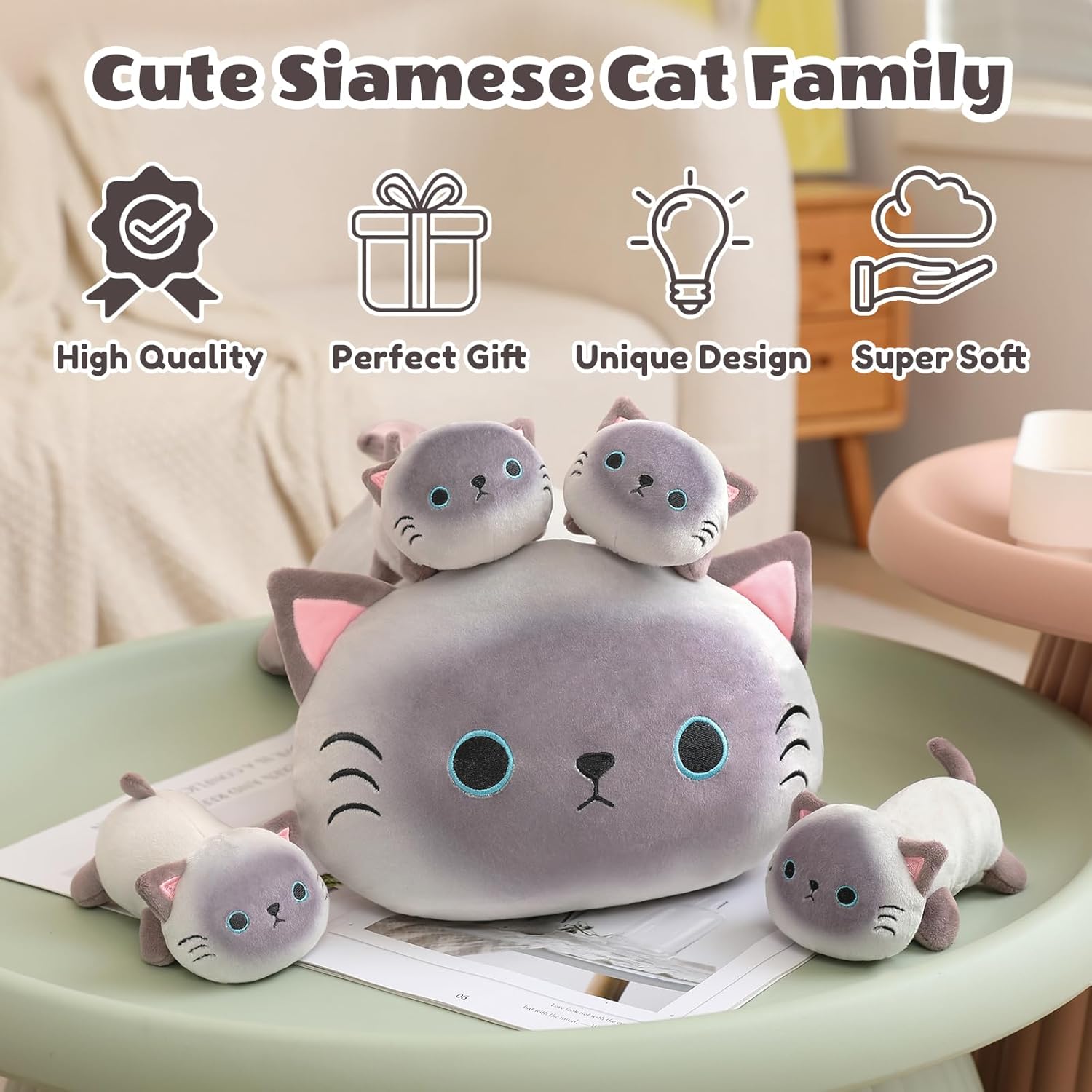 SQEQE Siamese Cat Stuffed Animals 5 in 1, Cute Siamese Cat Plush with 4 Babies in Tummy, Christmas Birthday Gifts for Boys and Girls