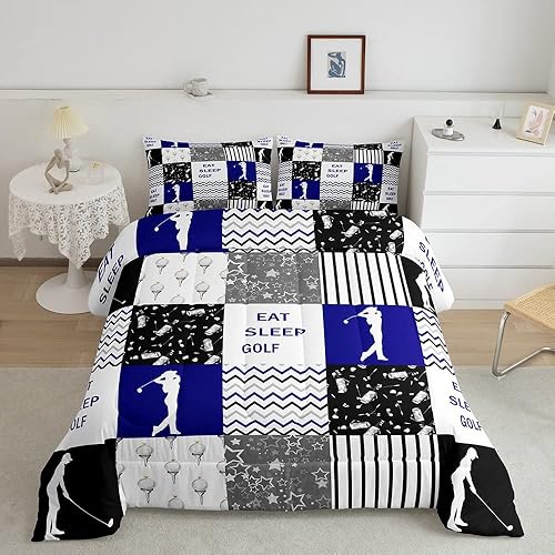 Eat Sleep - Juego de edredón de golf para hija y niños, mejor decorativo para edredón, relleno de edredón geométrico a cuadros, juegos deportivos,