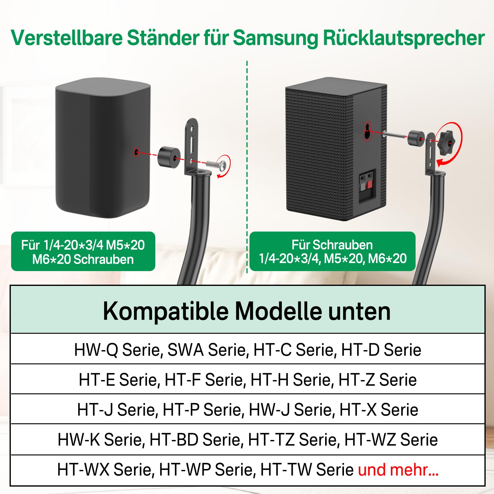 Lautsprecherständer-Paar für Samsung-Lautsprecherständer und Wandhalterung – 33" bis 42" höhenverstellbarer Bodenlautsprecherständer für Samsung Surround Sound-Rücklautsprecherständer