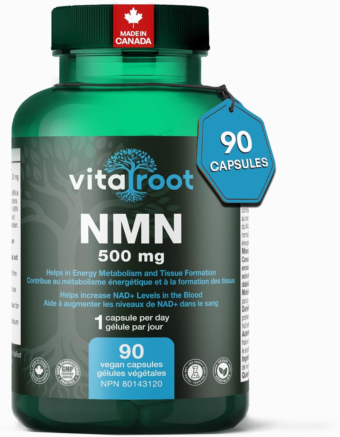NMN 500mg, 90 Capsules – High Purity NMN Supplement Supporting NAD+ Metabolism, Cellular Health, Energy Levels, and Overall Metabolic Function – Canadian Made