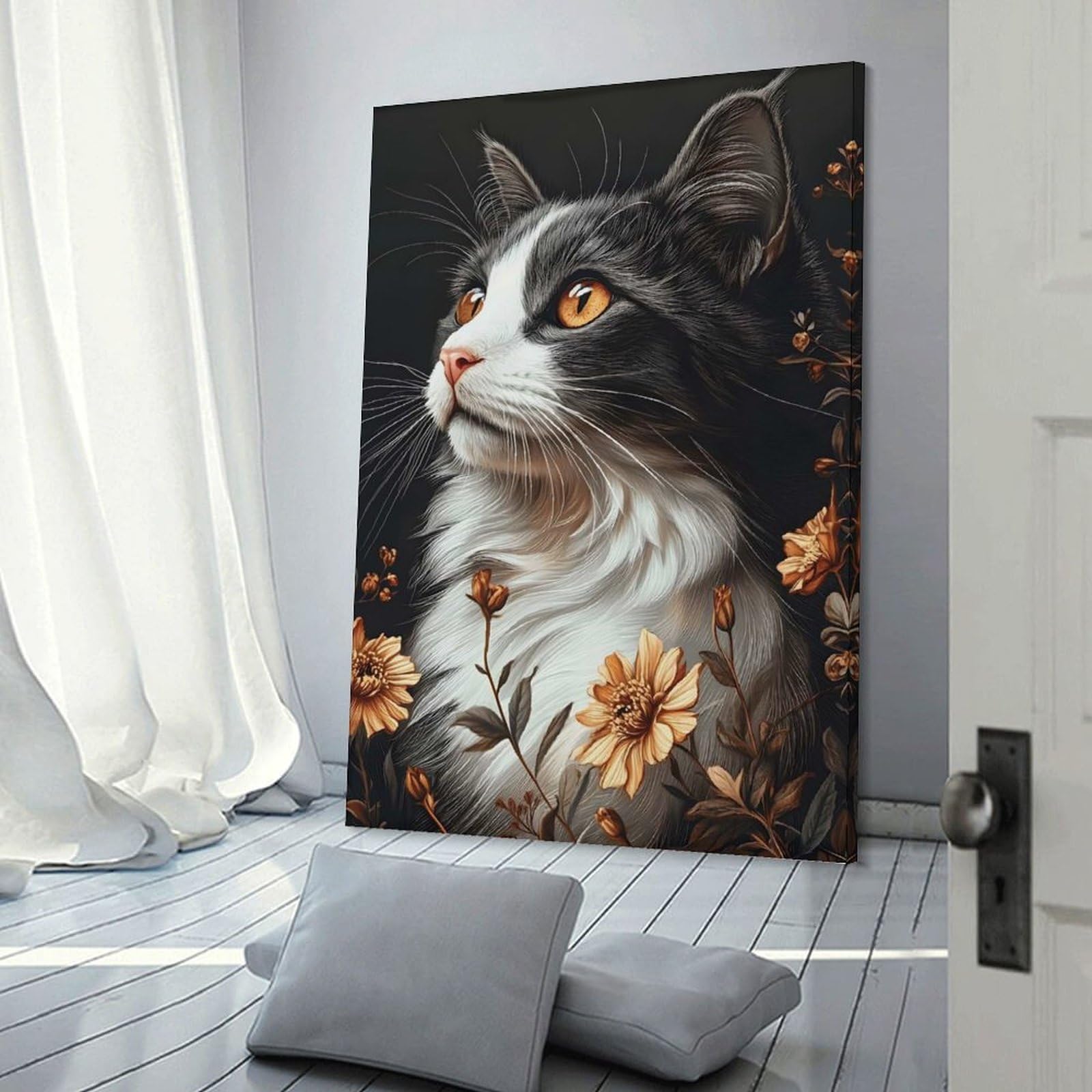 Junmoney Elegant Cat Portrait with Floral Accents Room Decor Wall Art, 08x12inch(20x30cm), for Living Room, Lounge Or Sitting Room, A Home Accent with Warm Character