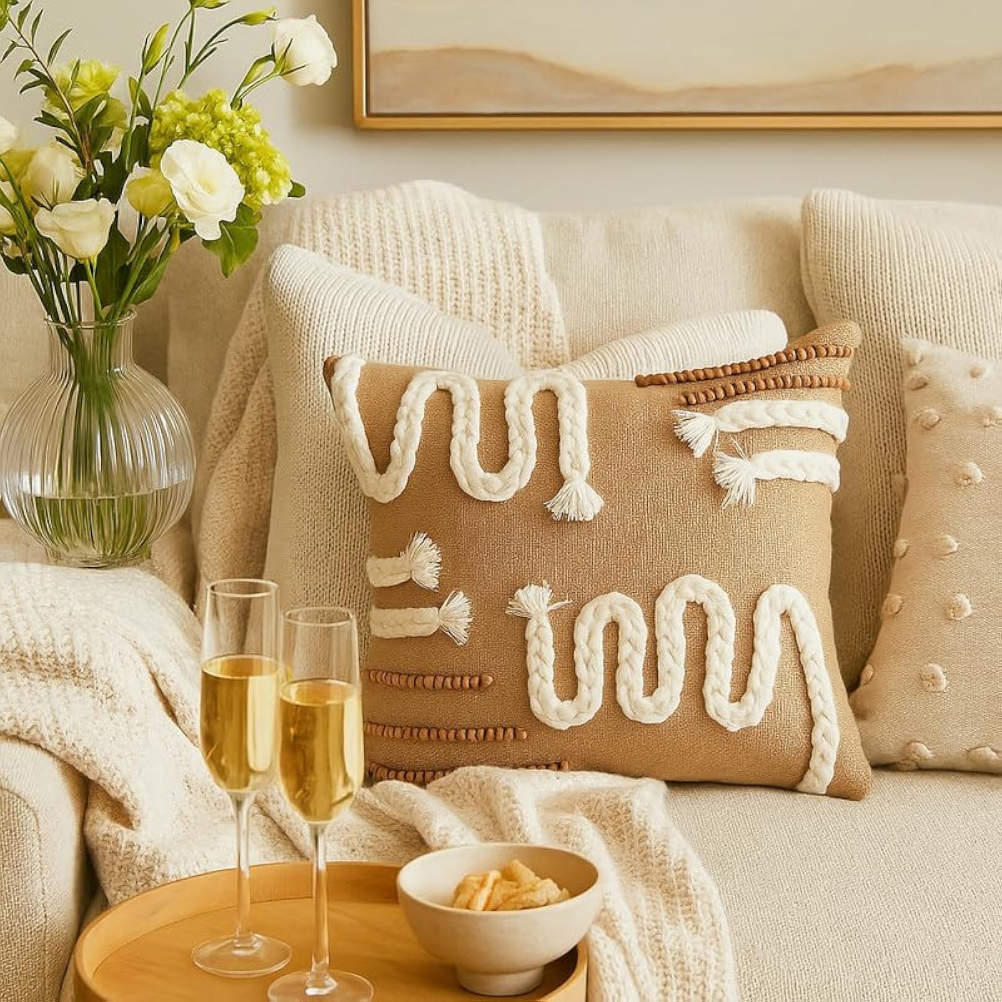 Brown Jute Braided Beaded Cushion Cover, Rustic Boho Decor