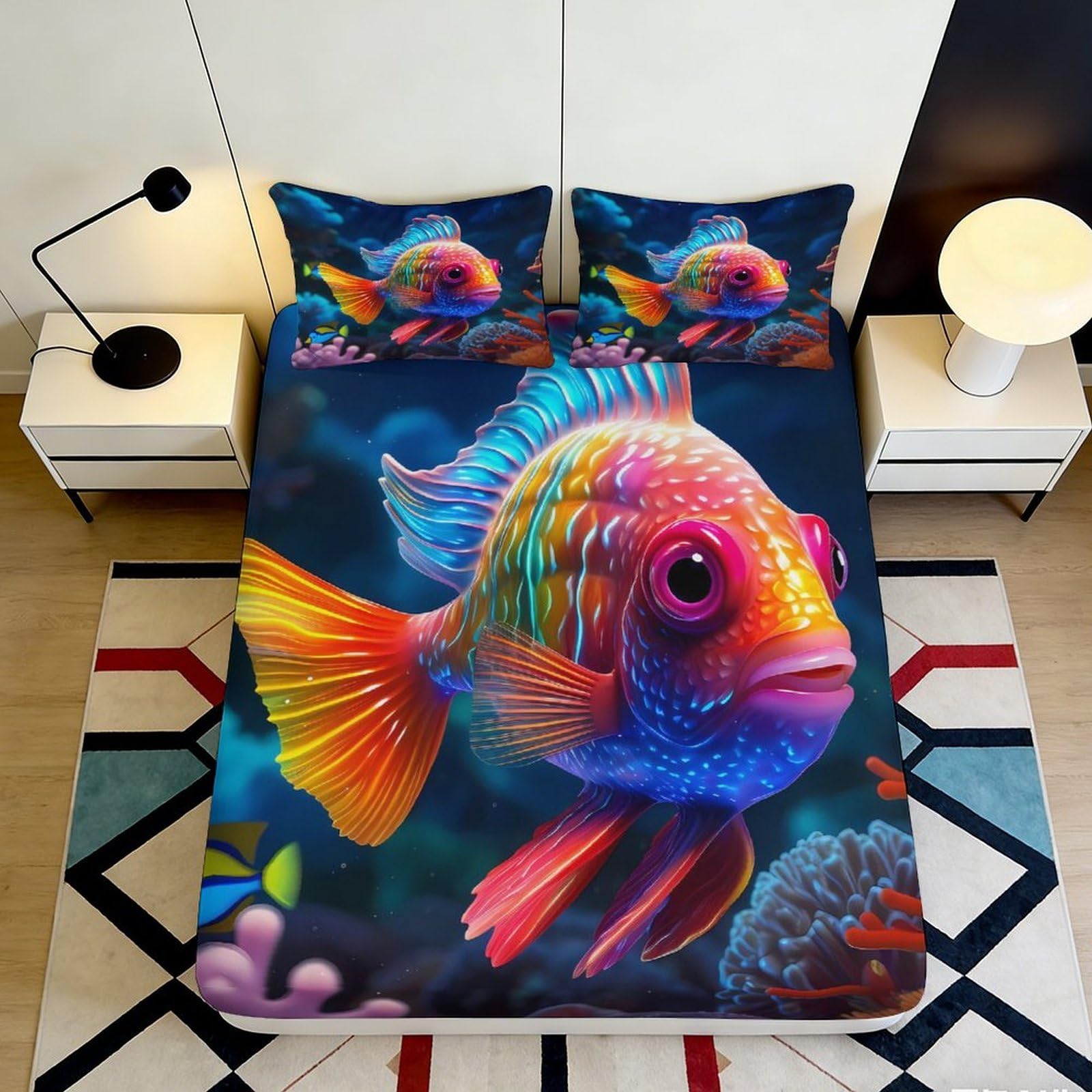 3D Printed Vibrant Fish Fitted Sheet Microfiber Soft Mattress Cover for Bedroom Dorm Mattress Protection Decor 90x200x25cm