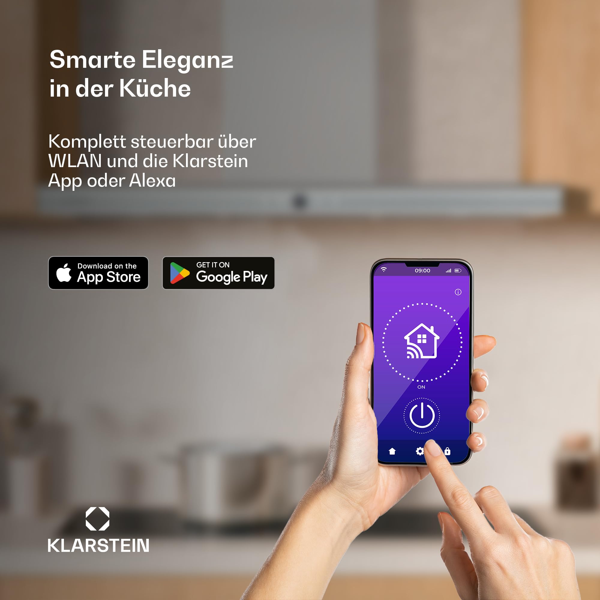 Klarstein Auriana Dunstabzugshaube - 90 cm Wandhaube, 700 m³/h Luftdurchsatz, A+ Energieeffizienz, WLAN- & Touch-Steuerung, LED-Beleuchtung 6000 K, 110 W Motor, Schwarz