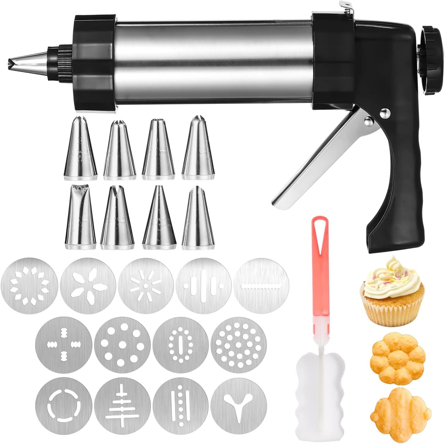 Stainless Steel Cookie Press Machine With 13 Discs, 8 Decorating Tips, And Cleaning Brush For Professional Cookie, Cake, And Dessert Decoration