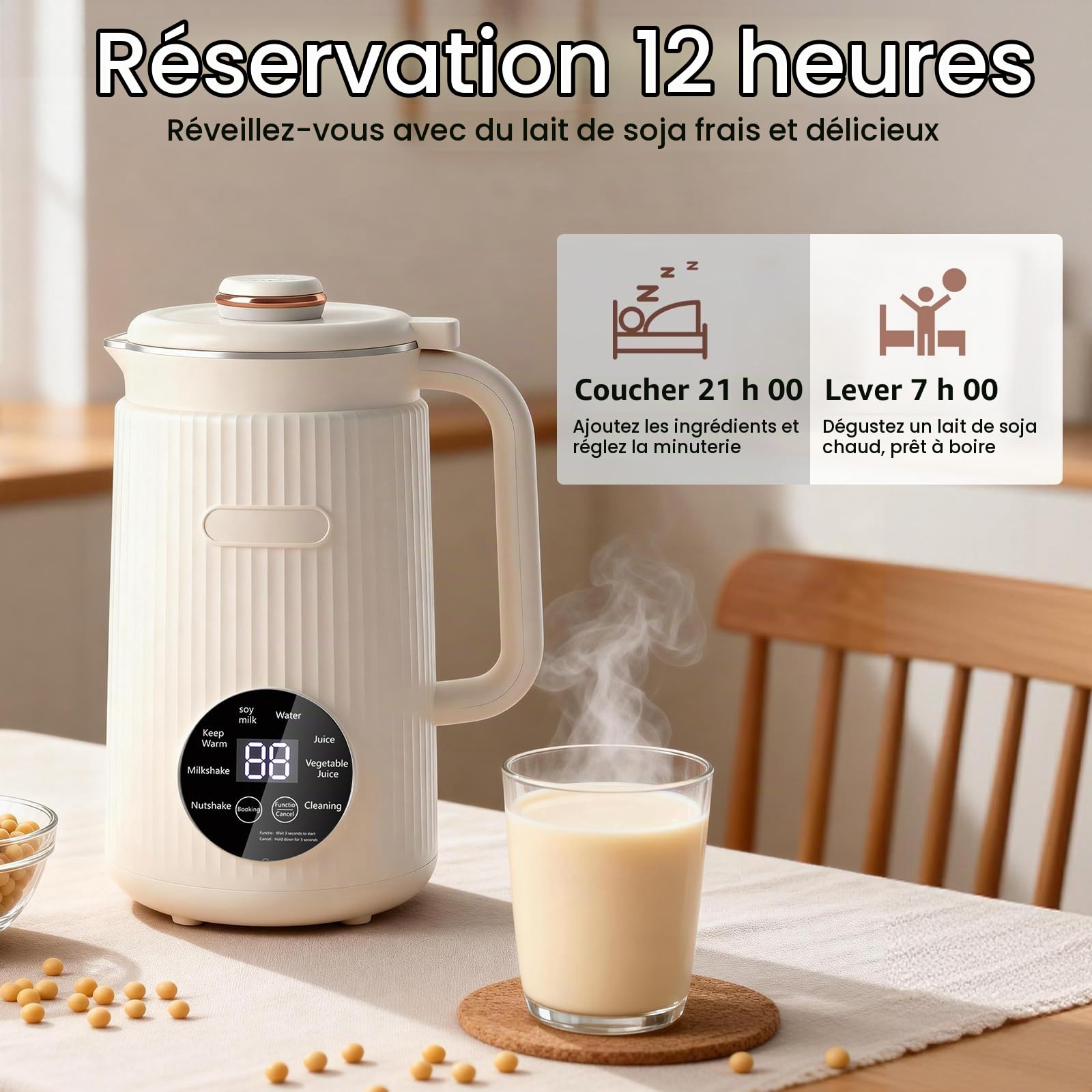 Machine à lait de noix 8 en 1, 1 200 ml, machine à lait végétal et machine à lait de soja avec minuterie, fonction maintien au chaud et autonettoyante, machine à lait d'avoine pour lait d'amande