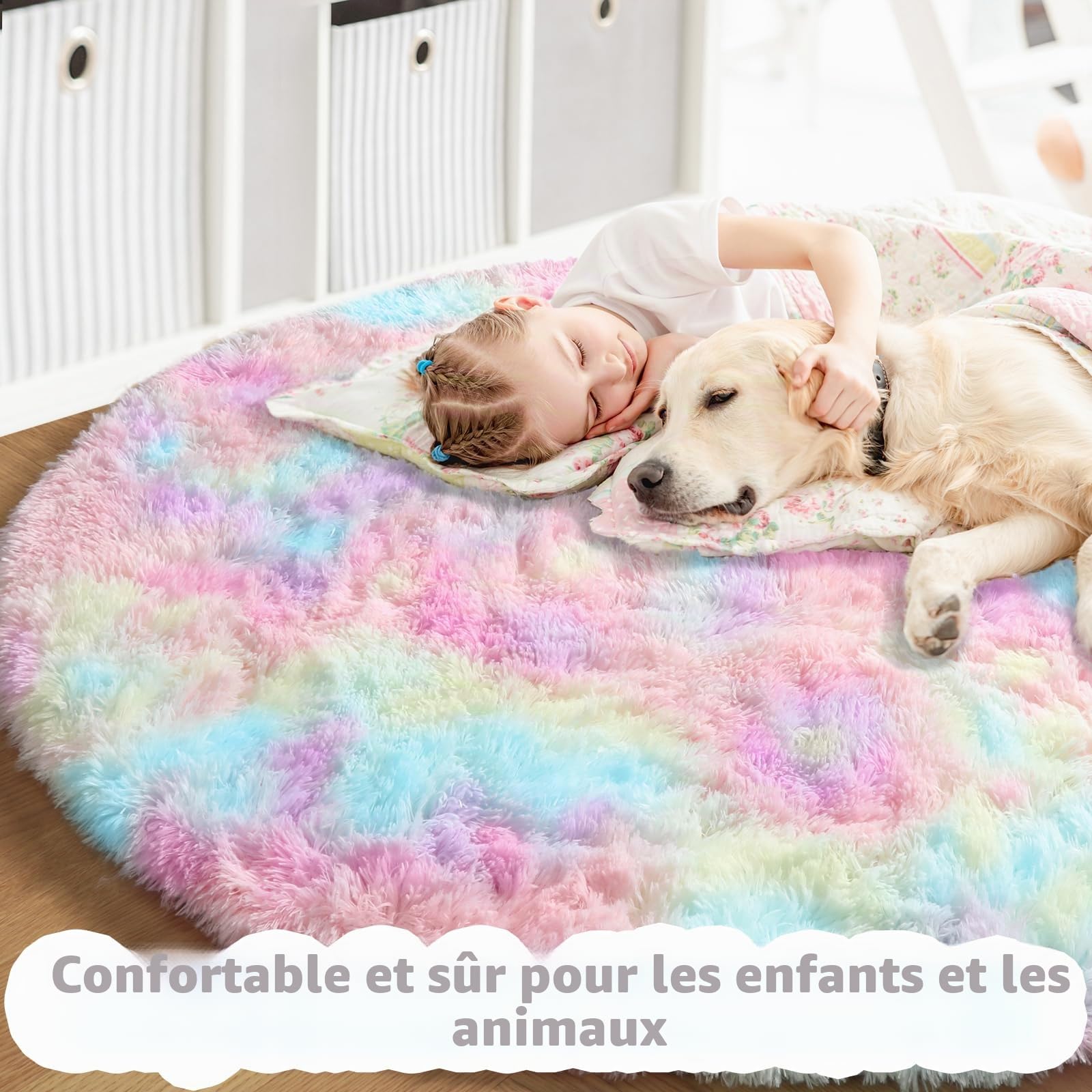 Amdrebio Tapis rond moelleux arc-en-ciel pour chambre de fille, tapis coloré pastel à poils longs, tapis kawaii doux et pelucheux pour chambre de bébé ou salle de jeux, 1,2 m