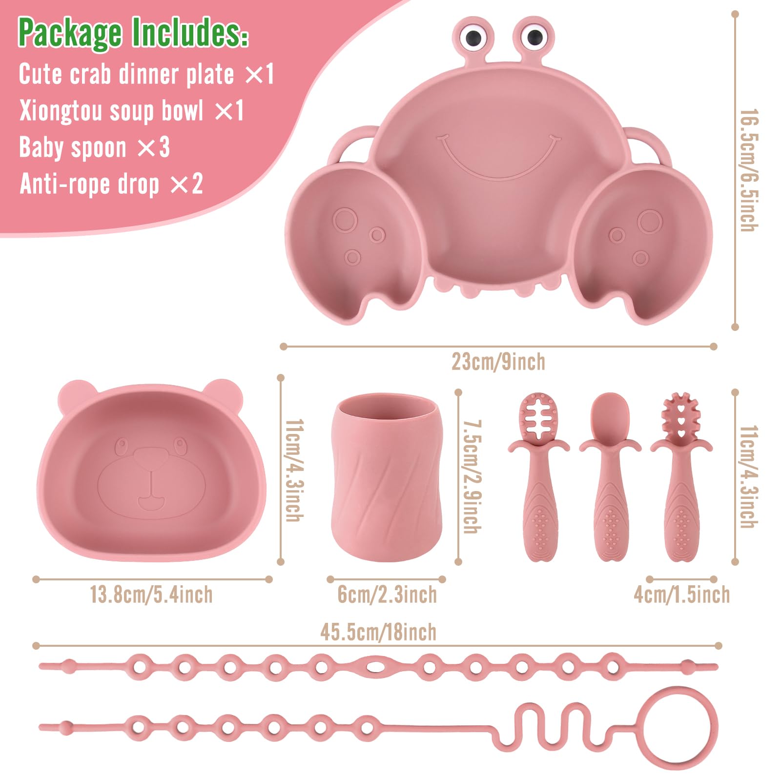 Qshare Baby Weaning Set,Baby Suction Plates,Non Slip Toddler Divided Placemat,BPA Free Suction Plate Baby Bowls Spoons & Bibs for Babies Toddlers Kids (Pink) - Image 2