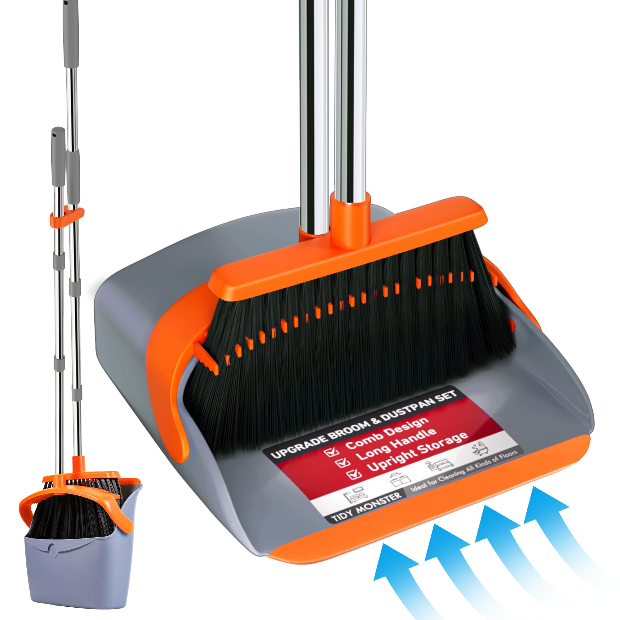 Upgraded Broom and Dustpan Set, 52" Long Handle Standing Combo with Self-Cleaning Teeth – Perfect for Pet Hair, Kitchen, Office, Home, Indoor &