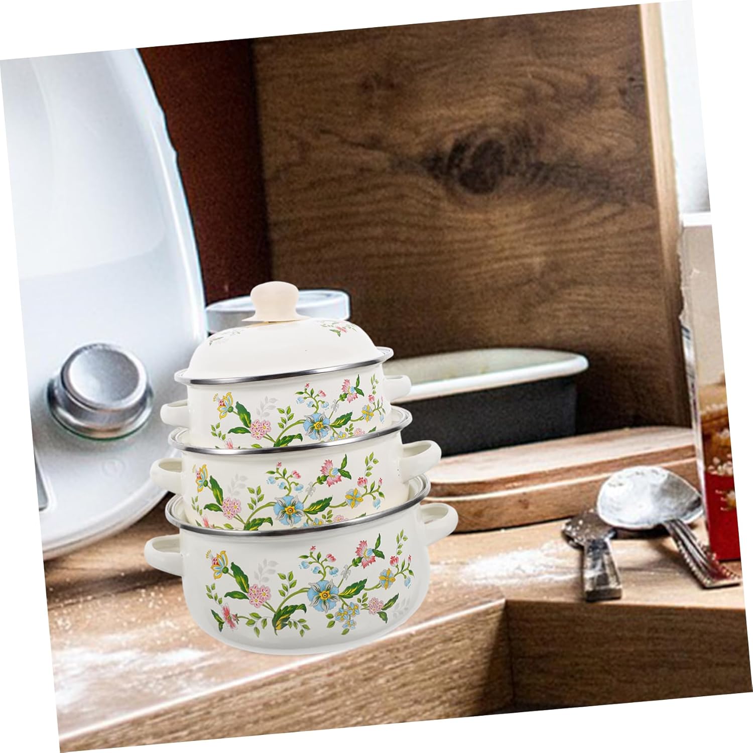 3-Piece Enamel Soup Pot Set Flat Bottom Cooking Pot for Pasta and Soup Vintage Kitchen Stockpot Dual Handles for Home Cooking