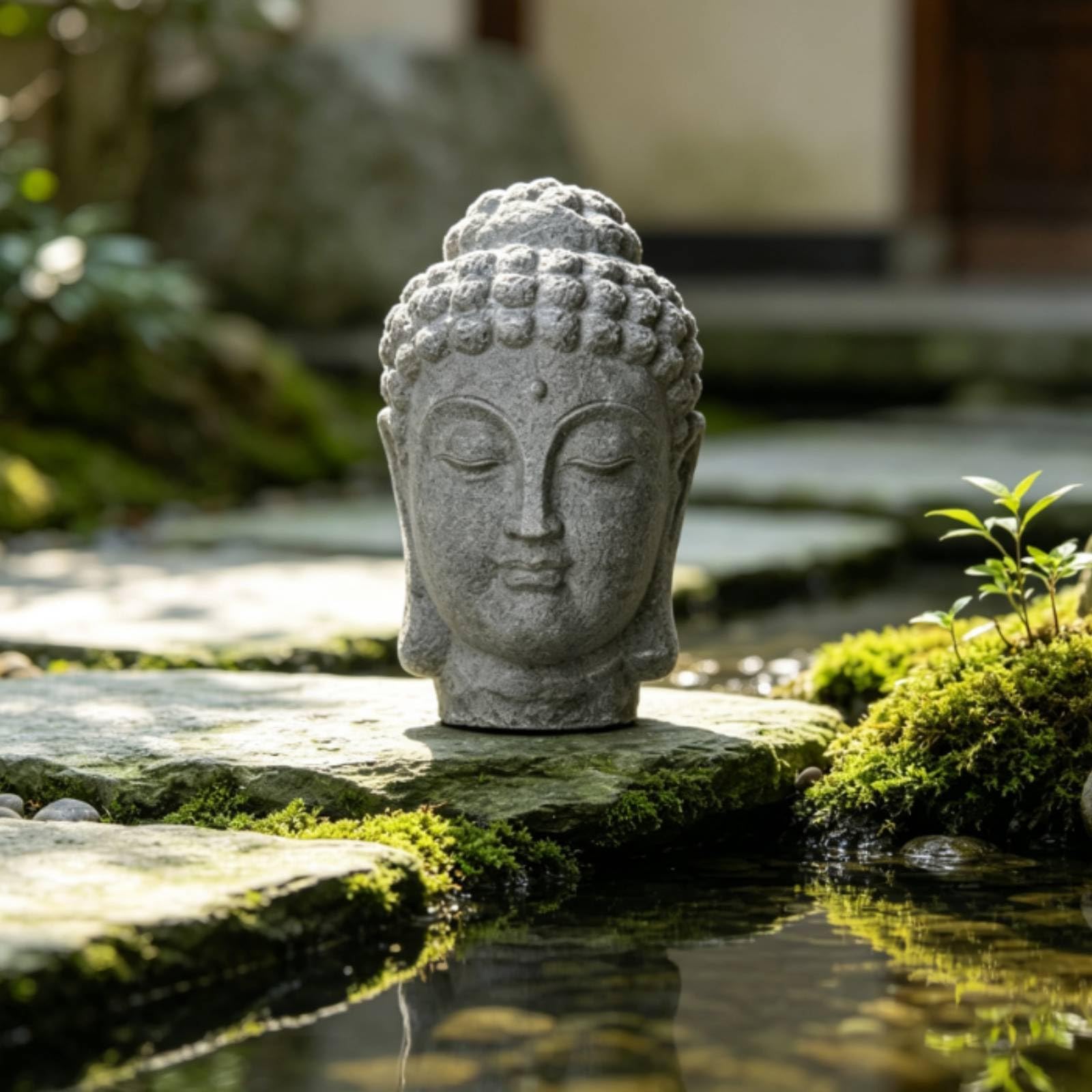 TISHITA Buda Cabeza Estatua Decorativa Escultura Ornamental Figura Tallada Ornamentación en Relieve con Textura de Piedra Base Rectangular Estilo Envejecido, Buda A