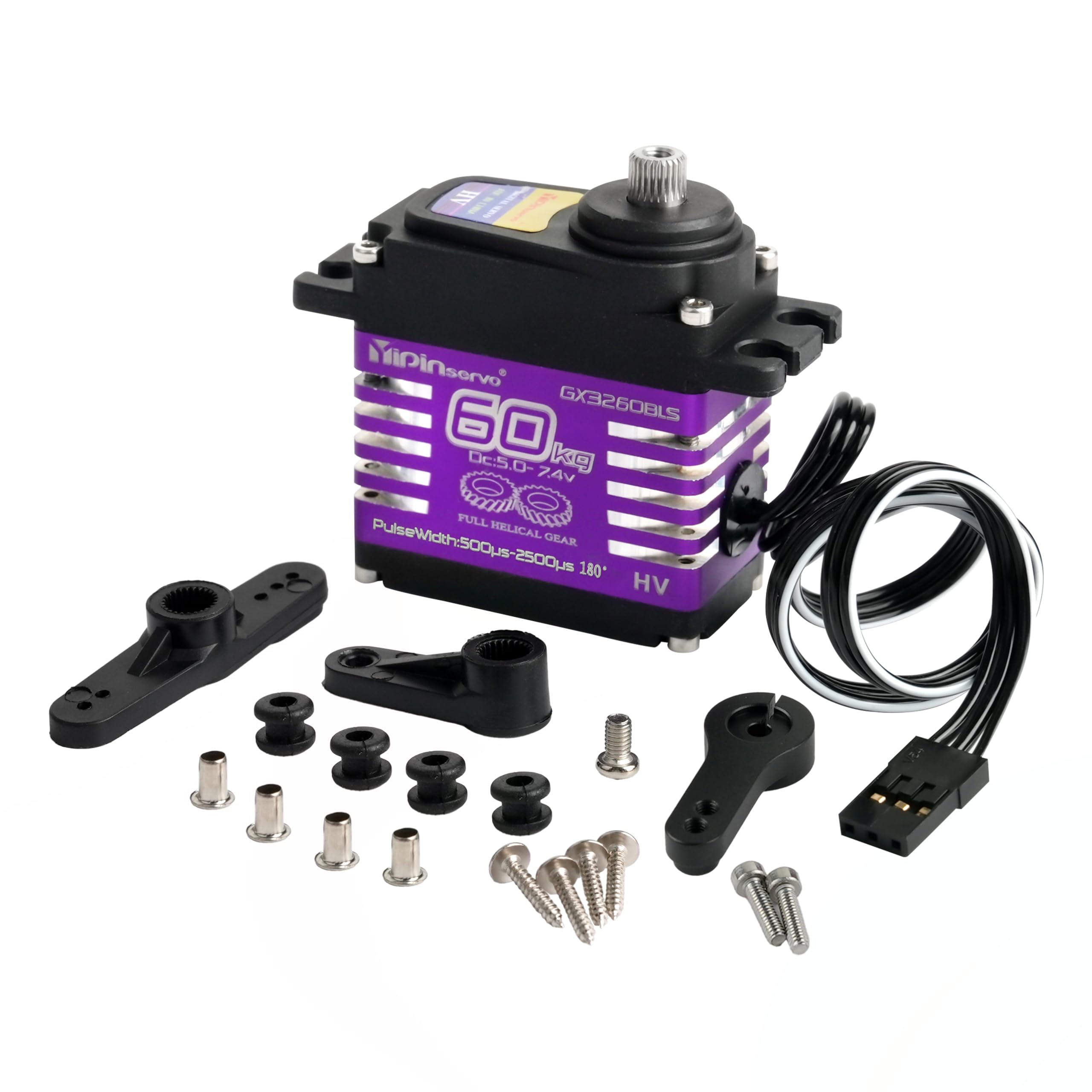 Servomoteur numérique, couple élevé de 60 kg, 5,0-7,4 V sans balais, engrenage en métal avec bras servo (270 degrés)