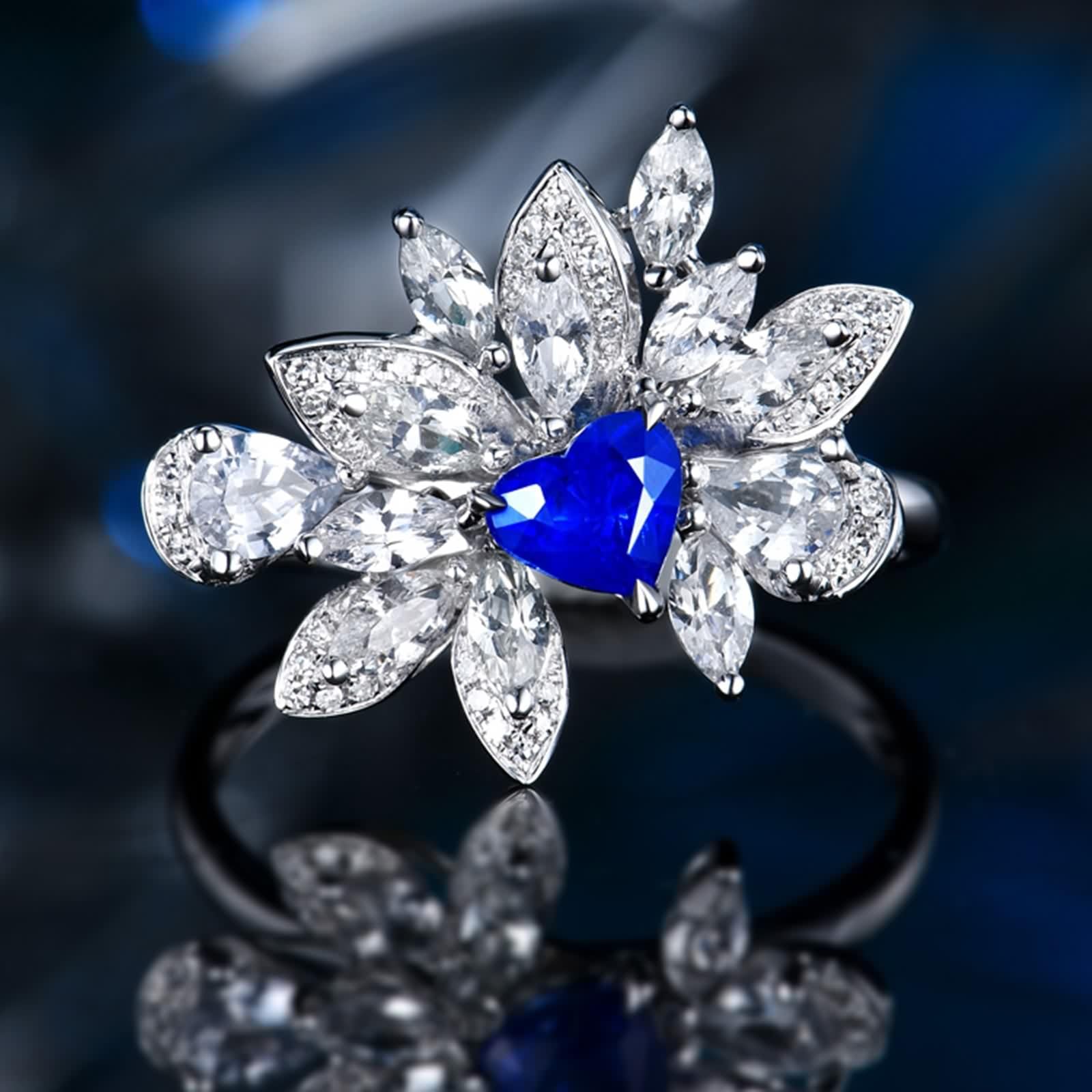 Fedi Nuziali Oro Bianco, Anelli Semplici 18K Blue Lab Ha Creato Zaffiro A Forma di Cuore con Diamante Bianco Regalo Anello di Fidanzamento