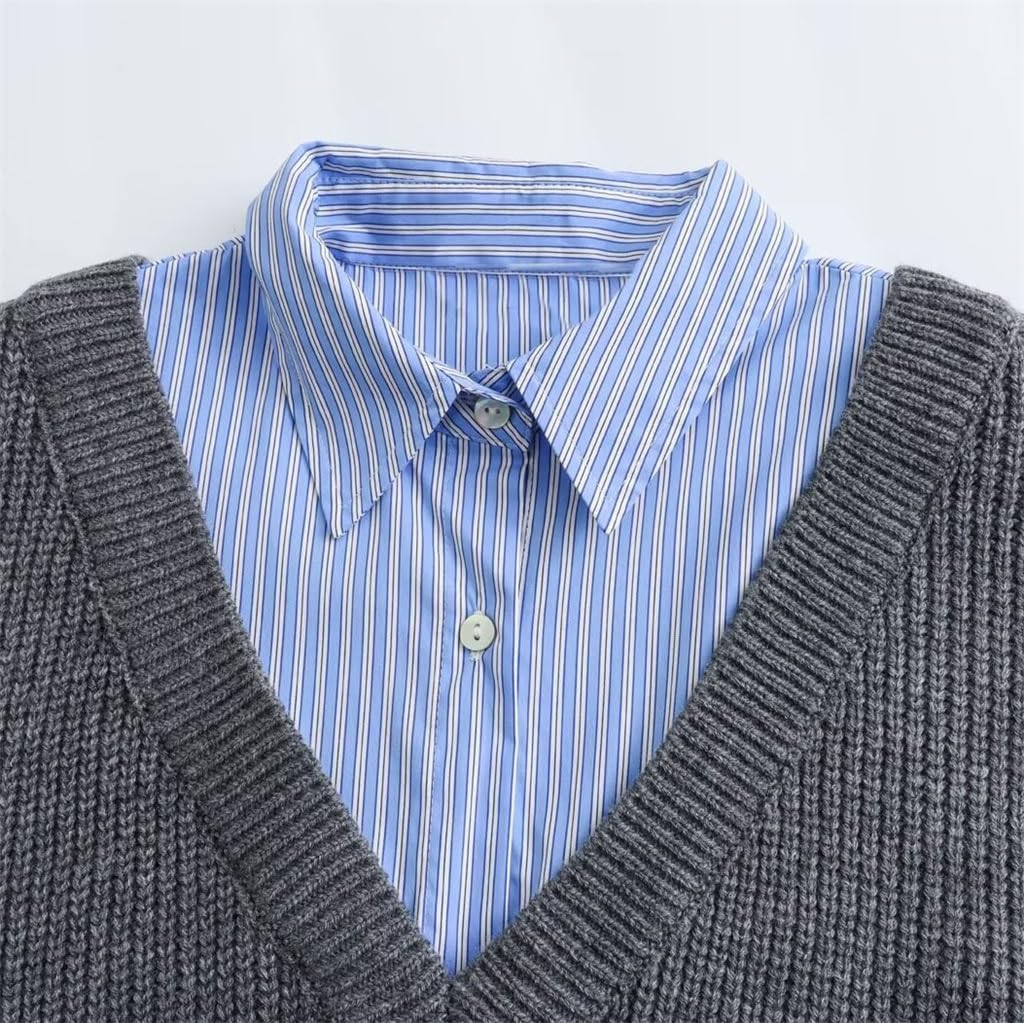 False Two Pieces Street Loose Striped Color Blocking Patchwork Shirt Long Sleeve Knit Sweater
