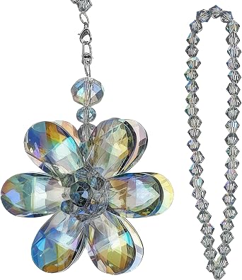 Rainbow Crystal Flower Car Charm for Women - Feng Shui Rearview Mirror Hanging Ornament - Crystal Bead Auto Interior Decor