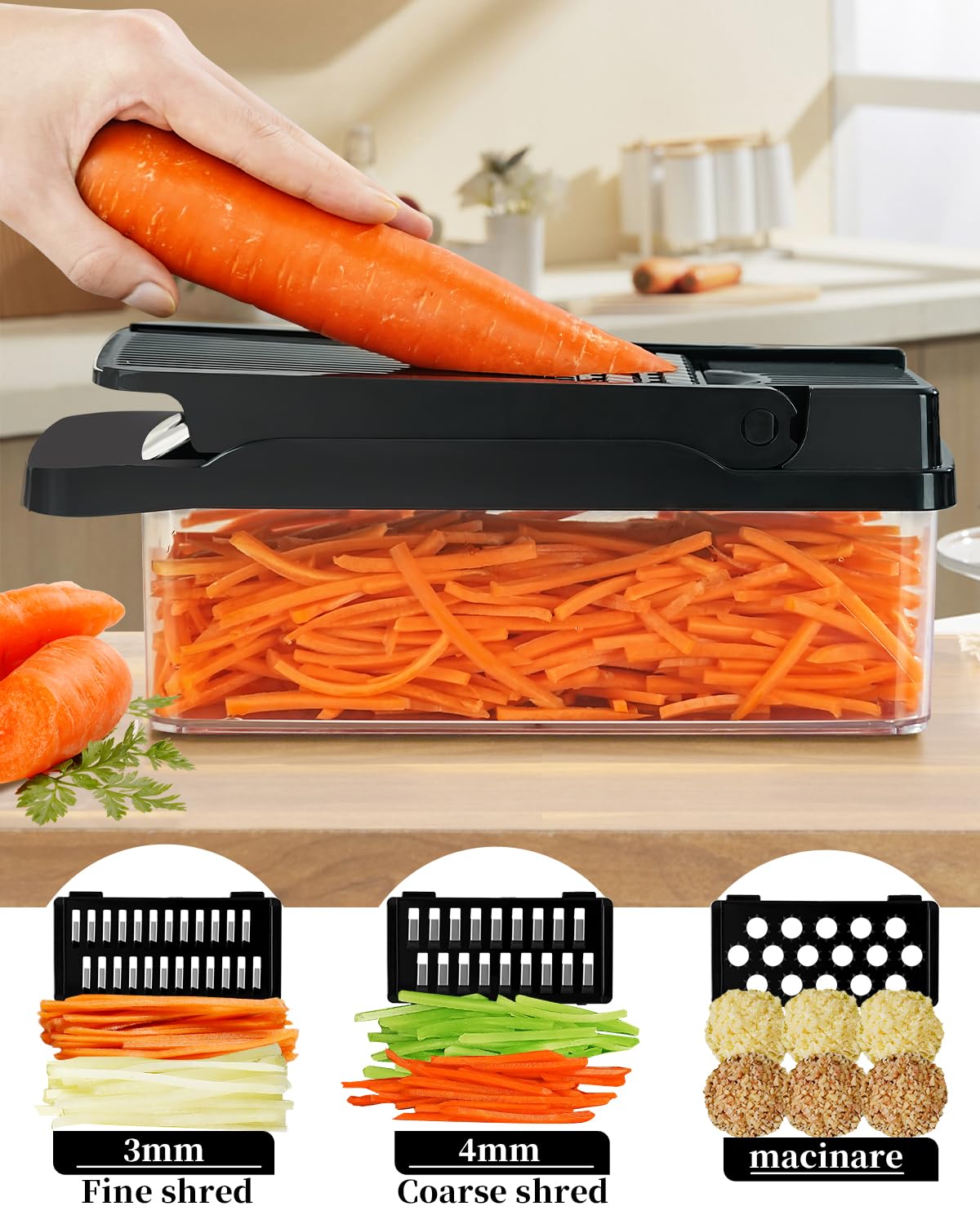 Mandolina per Verdure Professionale,Affettaverdure e Mandolini da Cucina Manuale Multifunzione,Lame Affilate Intercambiabili in Acciaio inox,Tagliare Verdure e grattugiare,nero.
