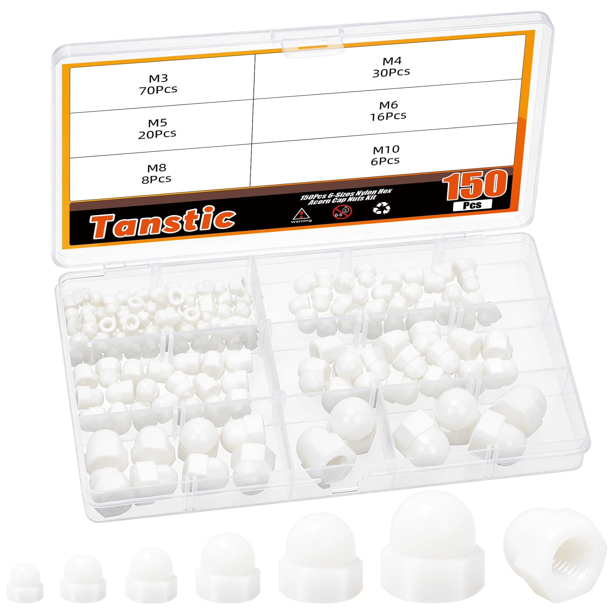 Tanstic 150pcs M3 M4 M5 M6 M8 M10 Acorn Cap Nuts, White Nylon Dome Head Hex Nut, 6 Sizes Hex Acorn Nuts for Furniture Automotive Marine Hardware