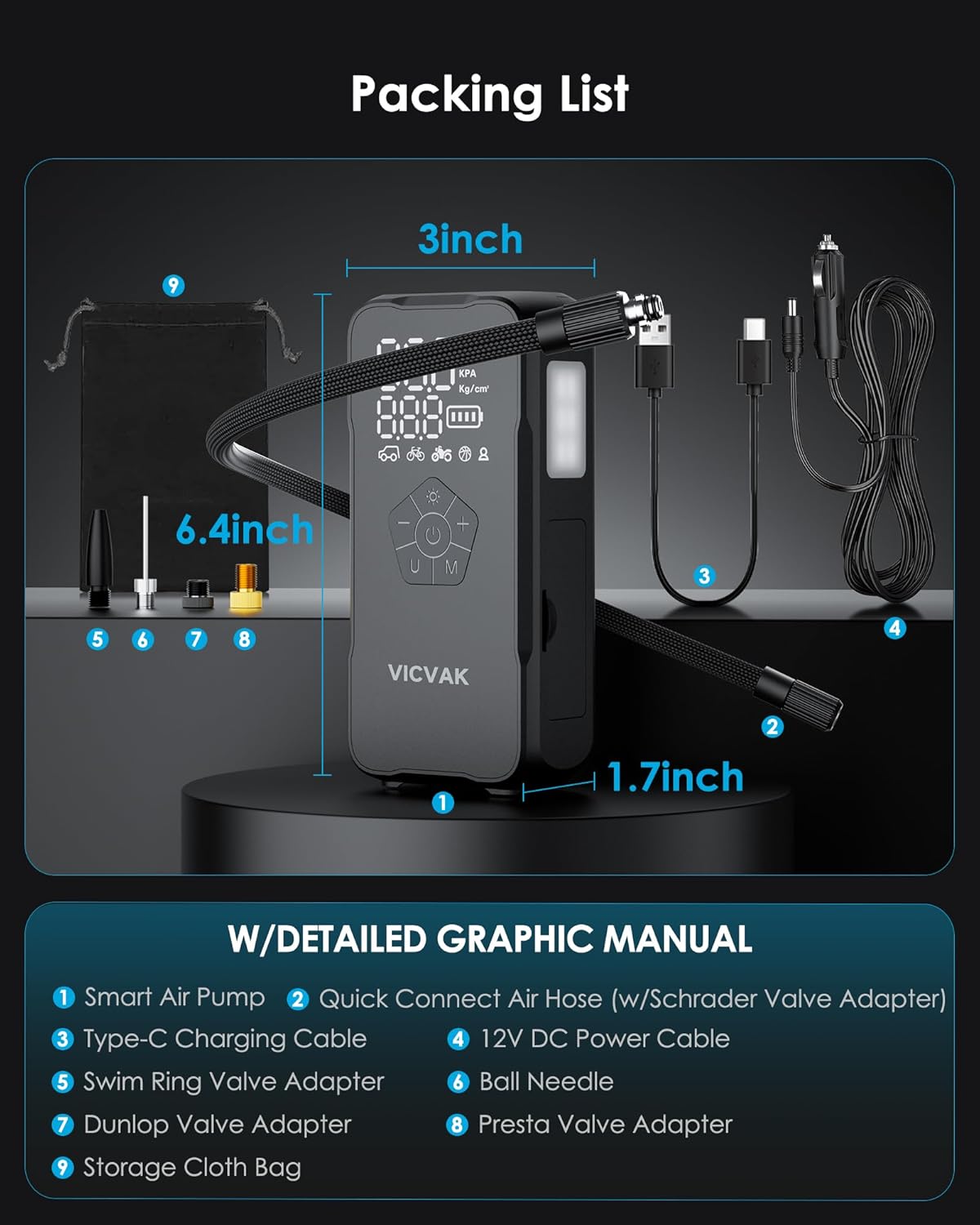 150PSI Dual Power Cordless Tire Inflator Portable Air Compressor for Car Tires丨VICVAK Electric Bike Car Tire Pump丨Motorcycle Air Pump for Car Tires丨Battery & 12V丨Auto Stop丨5-Mode丨2024 Upgrade Black