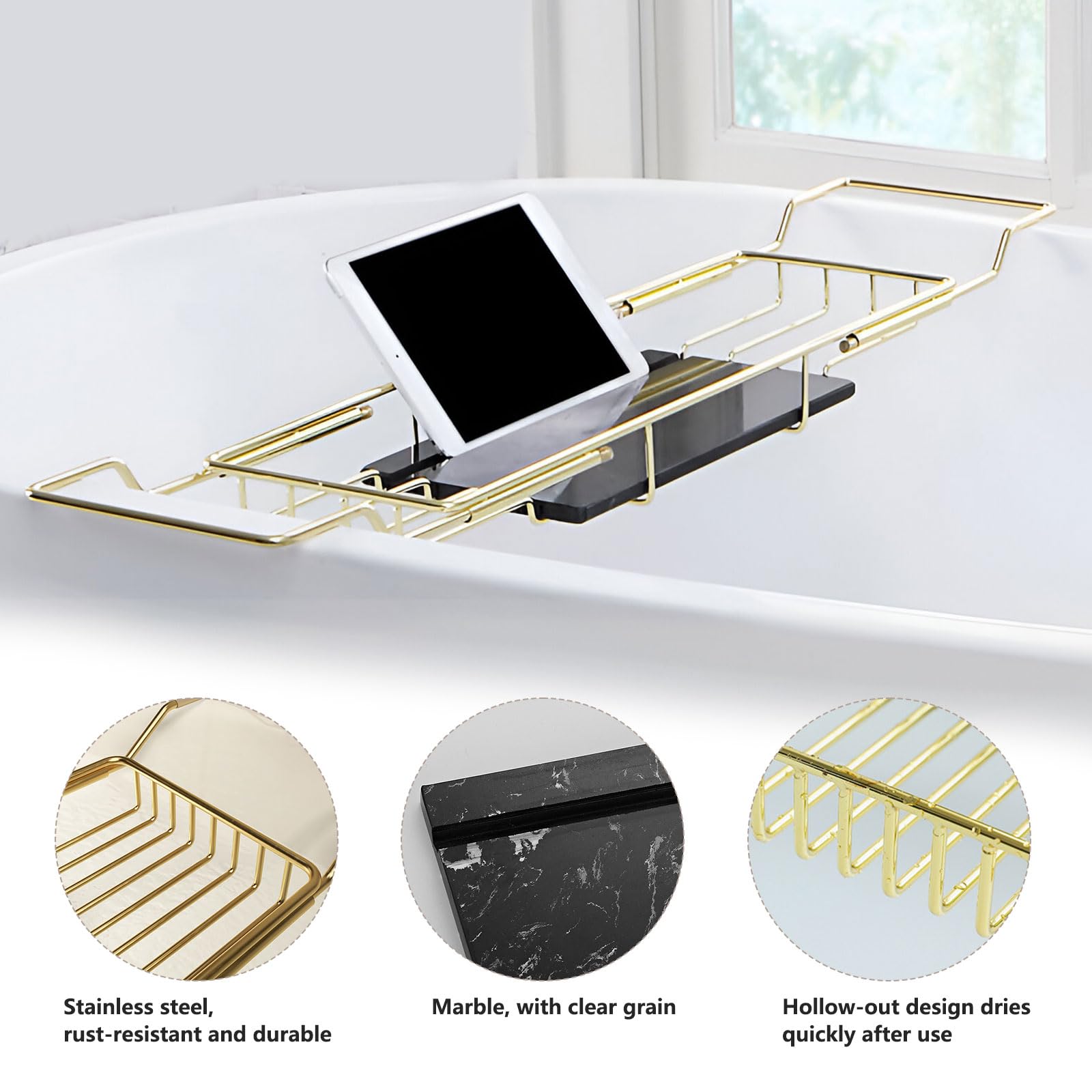 Bandeja de bañera ajustable, estante de alambre antideslizante expandible para tazas, tabletas, teléfono celular, organizador de estante de baño