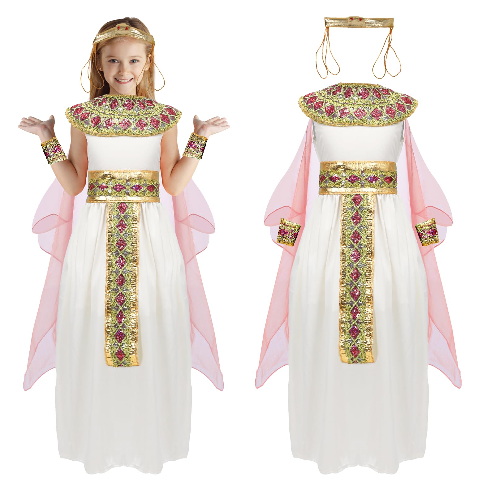 Makoike Cleopatra Costume for Kids Girls Egyptian Costume 6Pcs Egyptian Princess Dress Halloween Outfits Cosplay Props