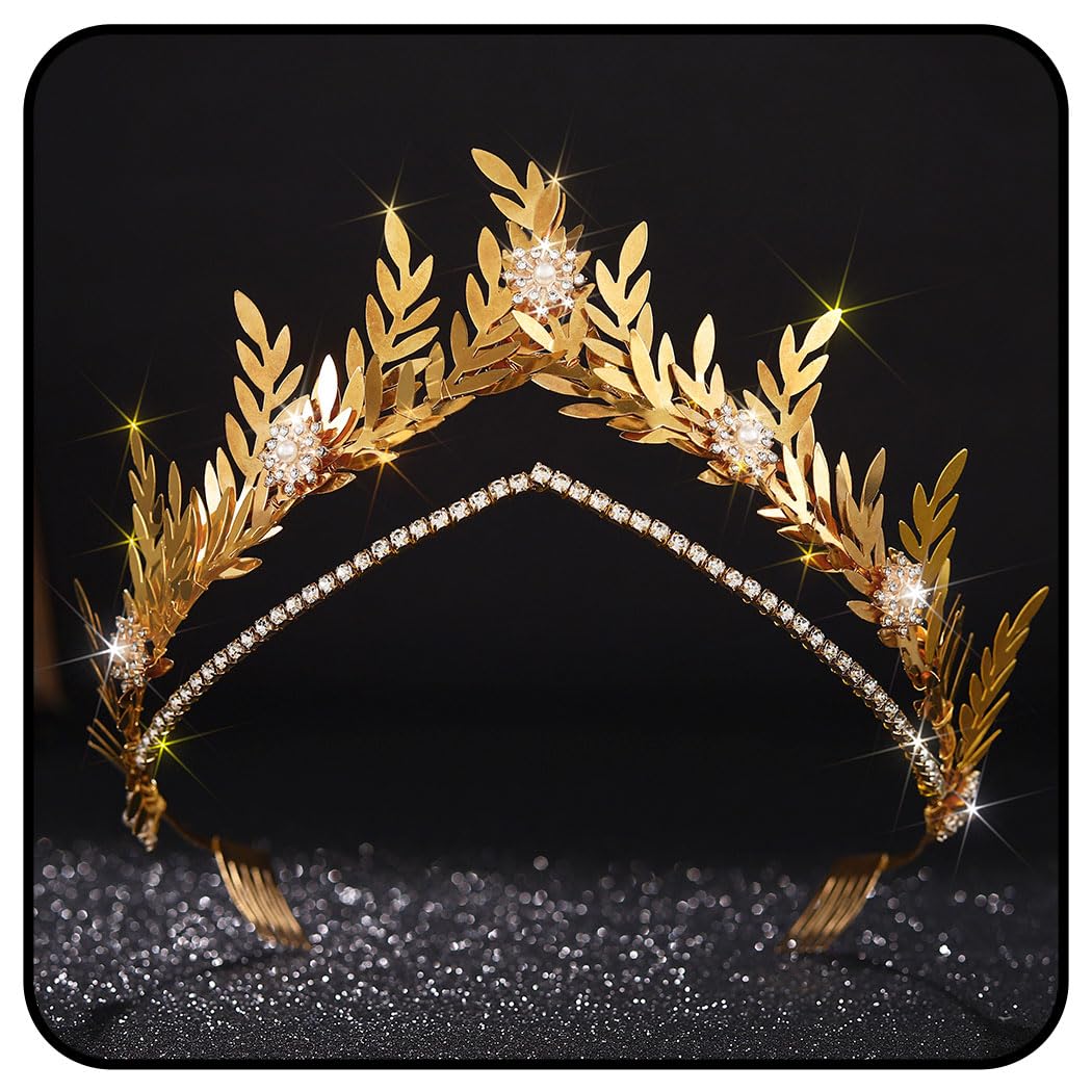 Zoestar Coronas de boda y tiaras de hoja de oro coronas diadema diamantes de imitación flores diosa tocado princesa novia tocado para mujeres y niñas, Aleación