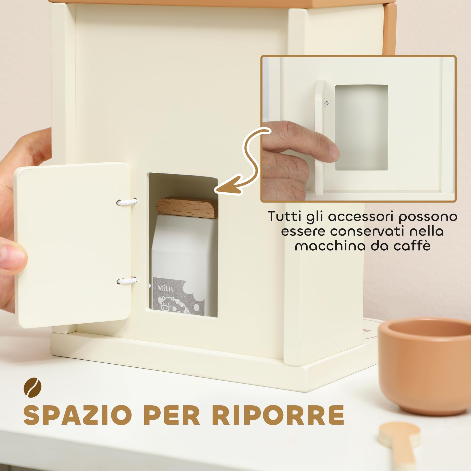 AIYAPLAY Set Macchina del Caffè Giocattolo in Legno, Gioco in Legno per Bambini da 3 Anni in Su con Pulsanti e Accessori, Marrone