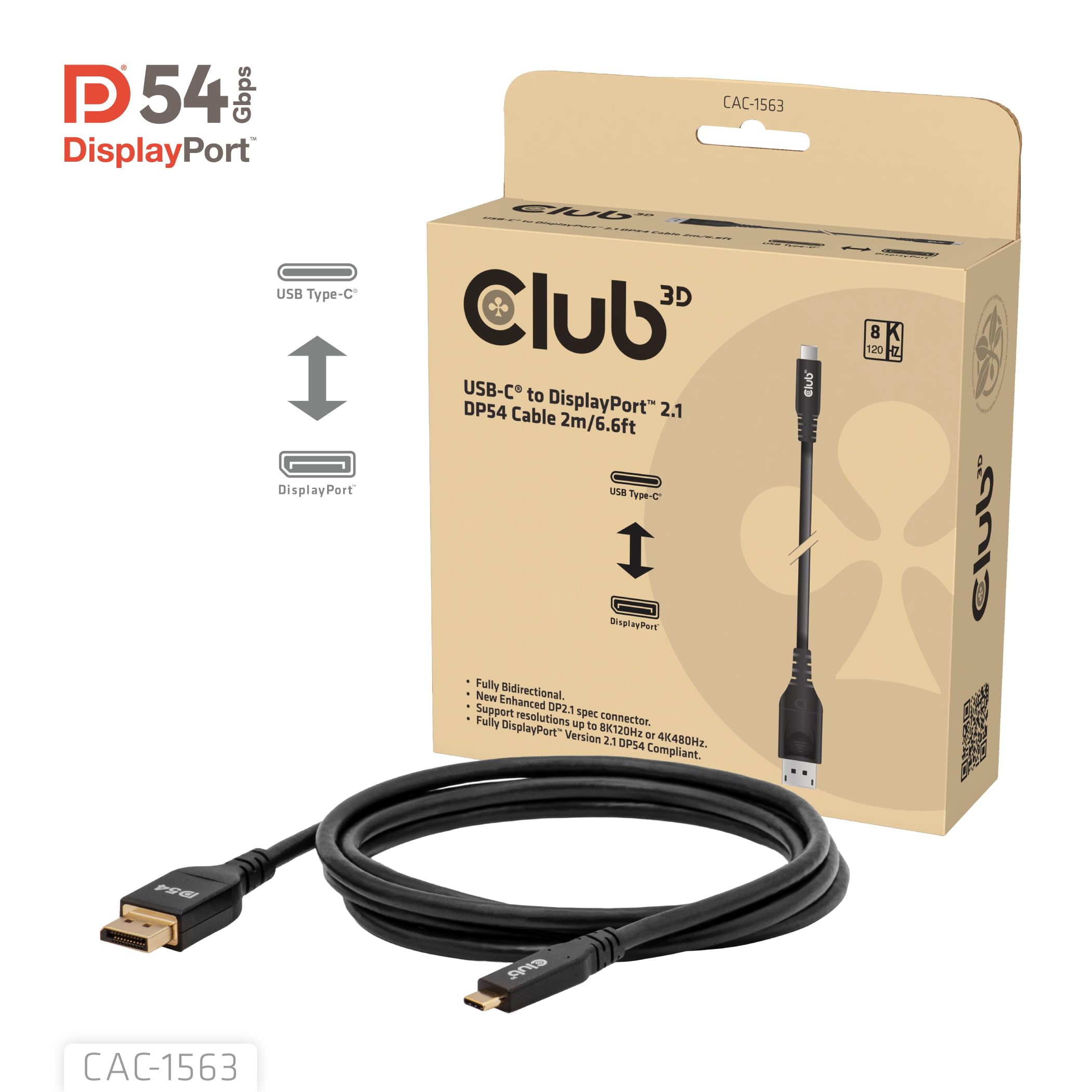 Club3D CAC-1563 USB-C na DisplayPort 2.1 DP54 kabel dwukierunkowy 8K120Hz 2m