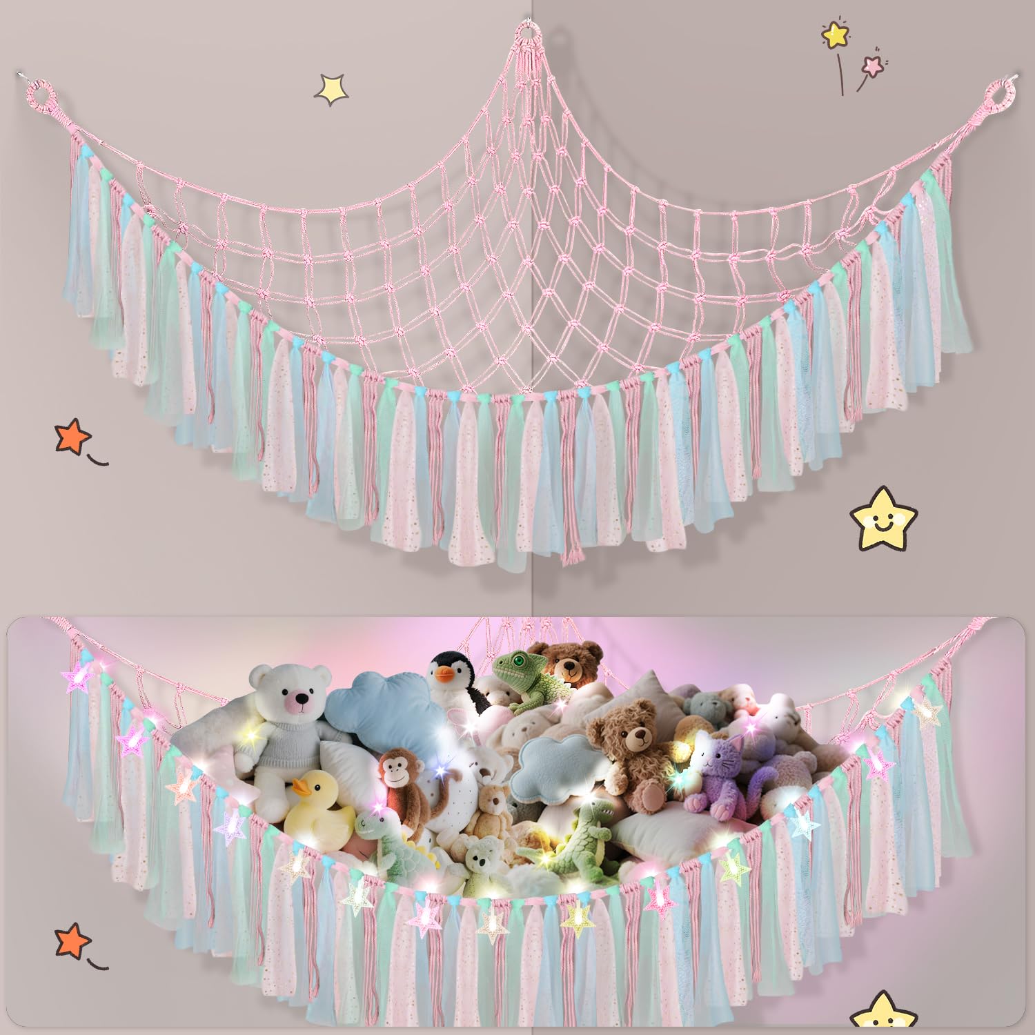 Lunriwis Teddy Hammock with LED Light, Boho Decor Plush Toy Storage Net, Teddy Bear Soft Toy Storage, Hand Woven Plush Macrame Toy Hammock for Stuffed Animals Pale Pink