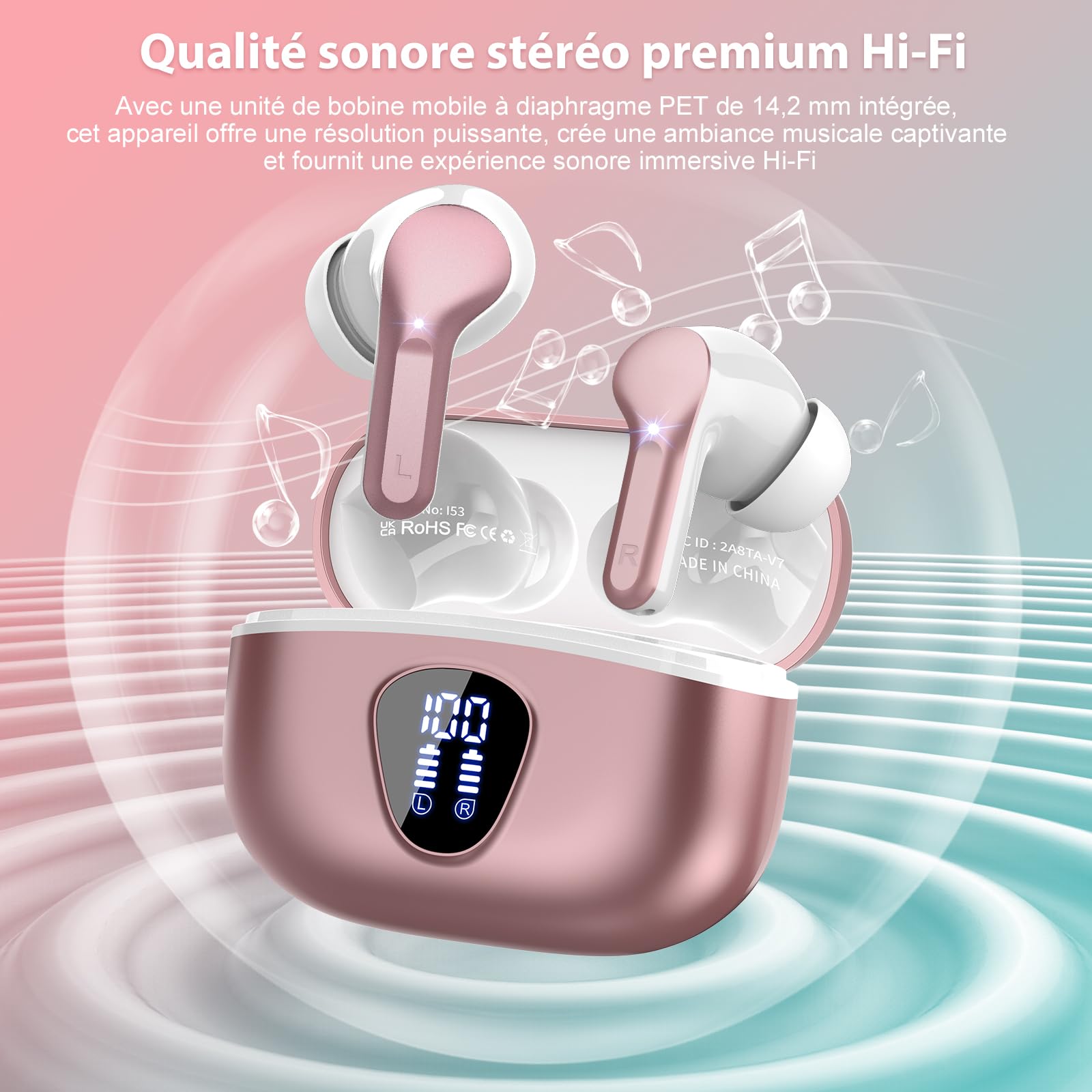 BESNOOW Ecouteurs Bluetooth sans Fil, Écouteurs 5.3 Oreillette Bluetooth Basses Immersives avec 4 ENC Mic, Casque sans Fil 40H avec Écran LED, Étanche IP7 Contrôle Tactile, Or Rose