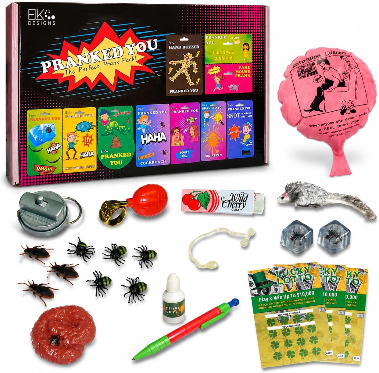ELK DESIGNS Prank Kit - Funny Toys, Gadgets for Kids - April Fools Gags & Practical Jokes - Hand Buzzer, Fake Cockroach & More