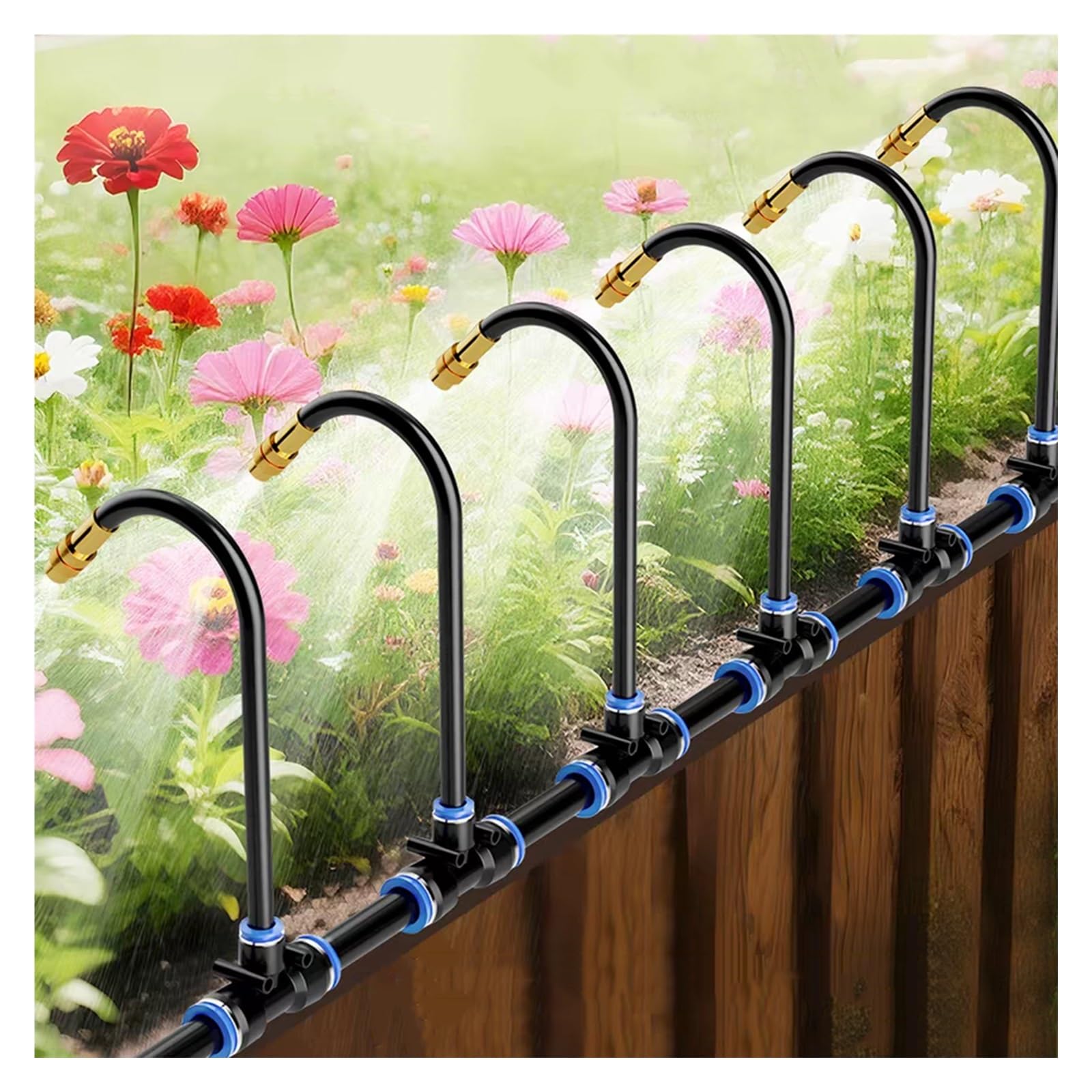 Sistema de Nebulización Refrigerante Exterior, Boquillas Flexibles Cuello Cisne Giratorias 360°, Kit Tubo PE con Filtro para Terraza, Jardín, Invernadero y Refrigeración Verano | 50m/164ft