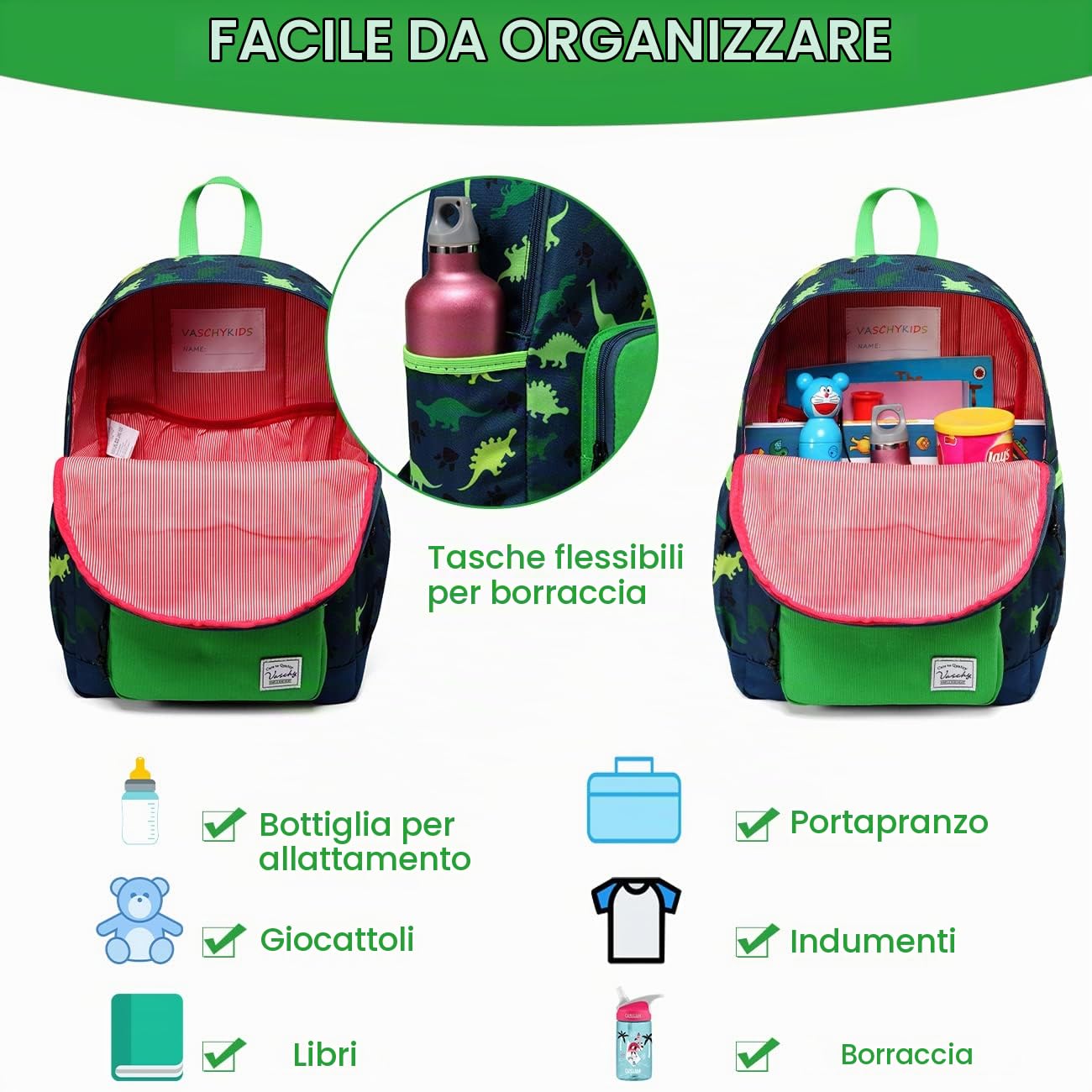 VASCHY Zaino Elementare Bambino Dinosauro 12L, Zainetto Grande Impermeabile con Pettorina Regolabile per Scuola Primaria 5-8 Anni