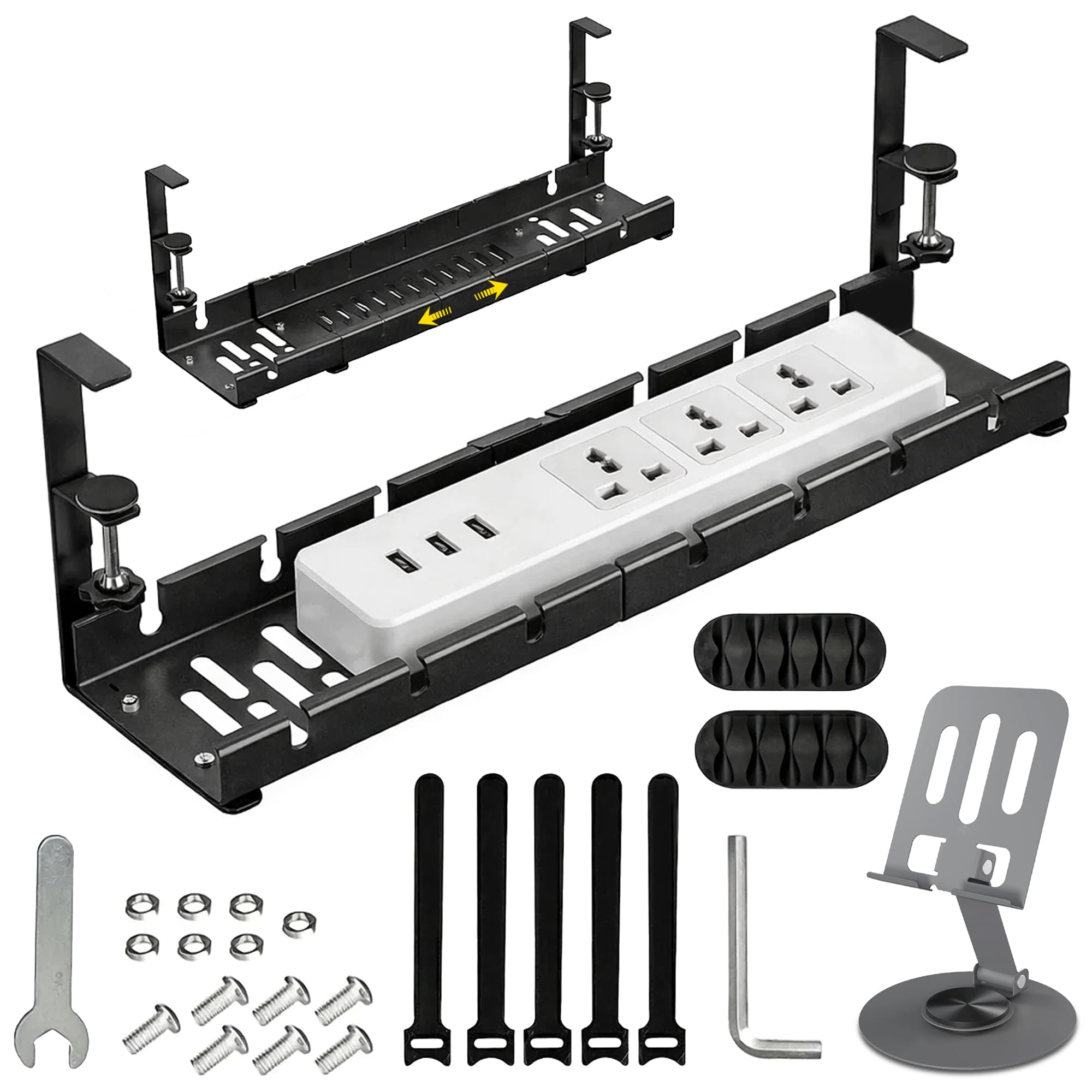 MOREBLUE® Under Desk Cable Organiser Rack with Mobile Stand Combo,28.5-55 cm Adjustable Metal Tray for Power Wires & Cables Adjustable, 3in1 Cable Holder, 5 Velcro Strips, Allen Key & Screws