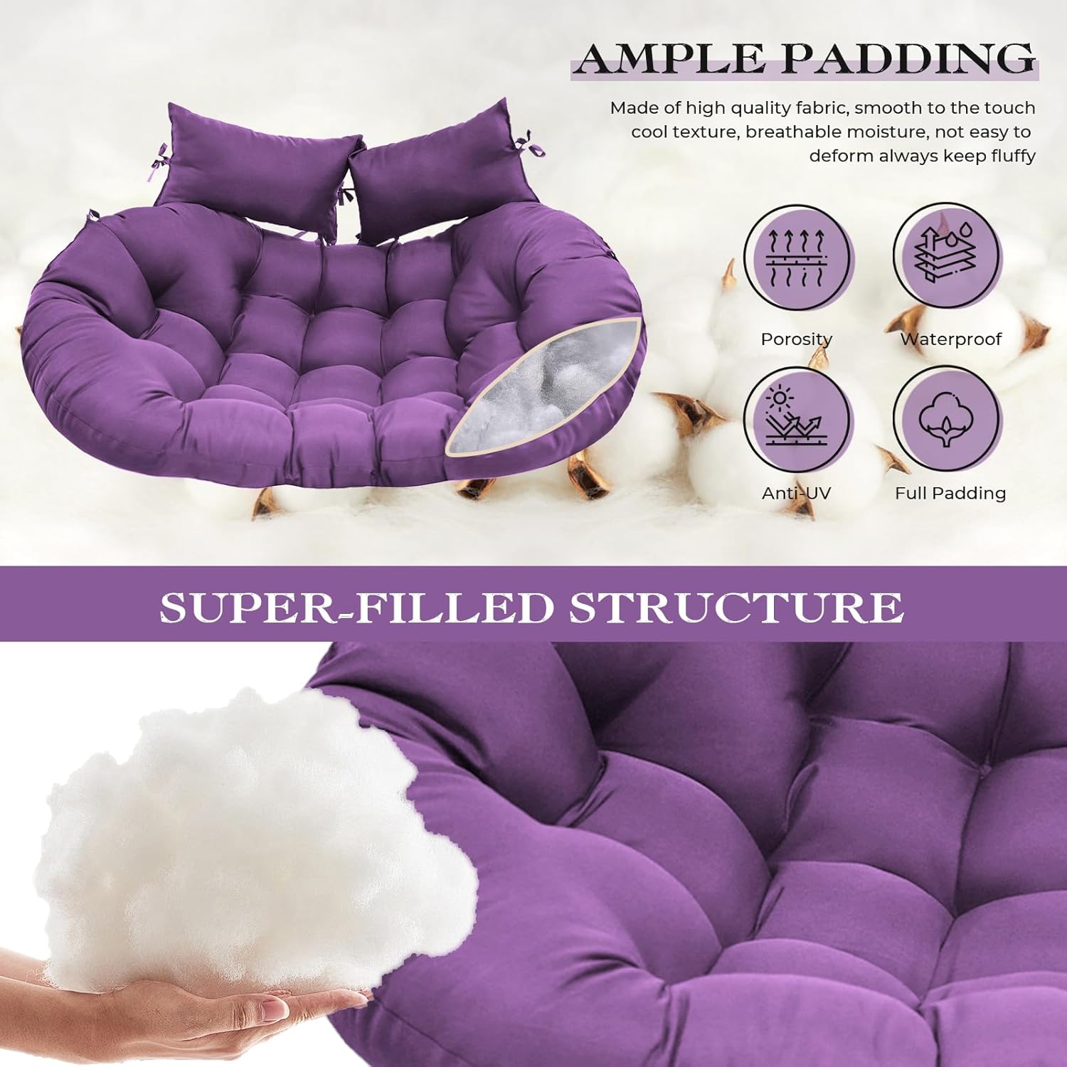 Double Egg Chair Cushion Replacement 63x43in -Thickened Waterproof Removable Double Hanging Egg Chair Cushions, Swing Chair Cushion, Outdoor Patio Hanging Basket Chair Cushions, Dark Purple