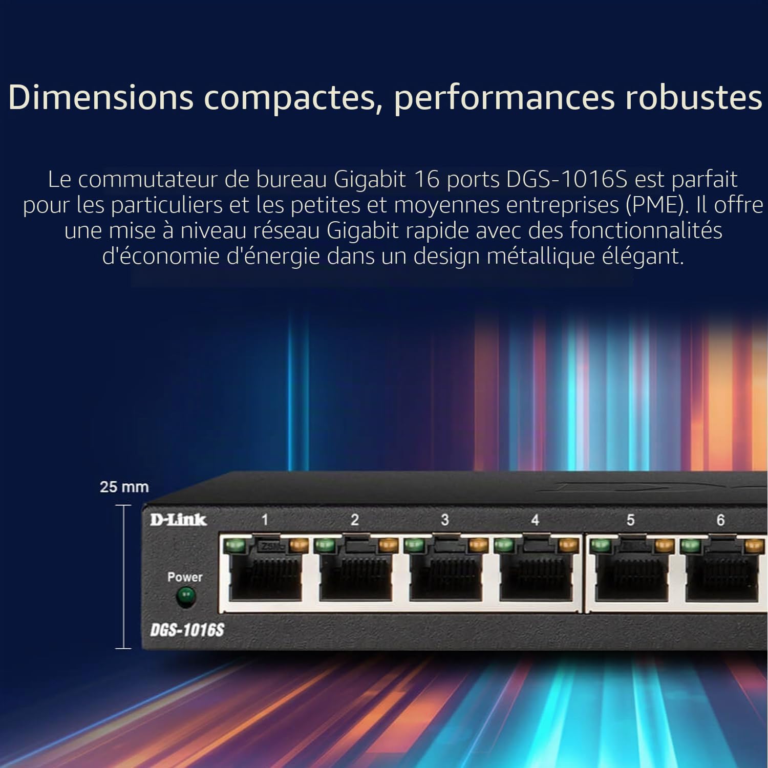 D-Link DGS-1016S Commutateur Gigabit Non géré à 16 Ports, sans Ventilateur, Profil Bas, boîtier en métal, Montage Mural/de Bureau, Plug-and-Play, QoS 802.1p, 802.3az EEE Noir DGS-1016S