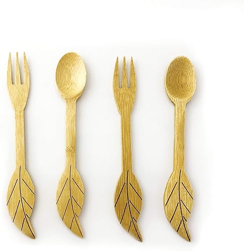 JB Home Collection 4580, Set of 4 Reusable Bamboo Spoons and Forks for Appetizer Fruit Dessert Ice Cream Yogurt Spice Salt Sugar Green Tea Matcha