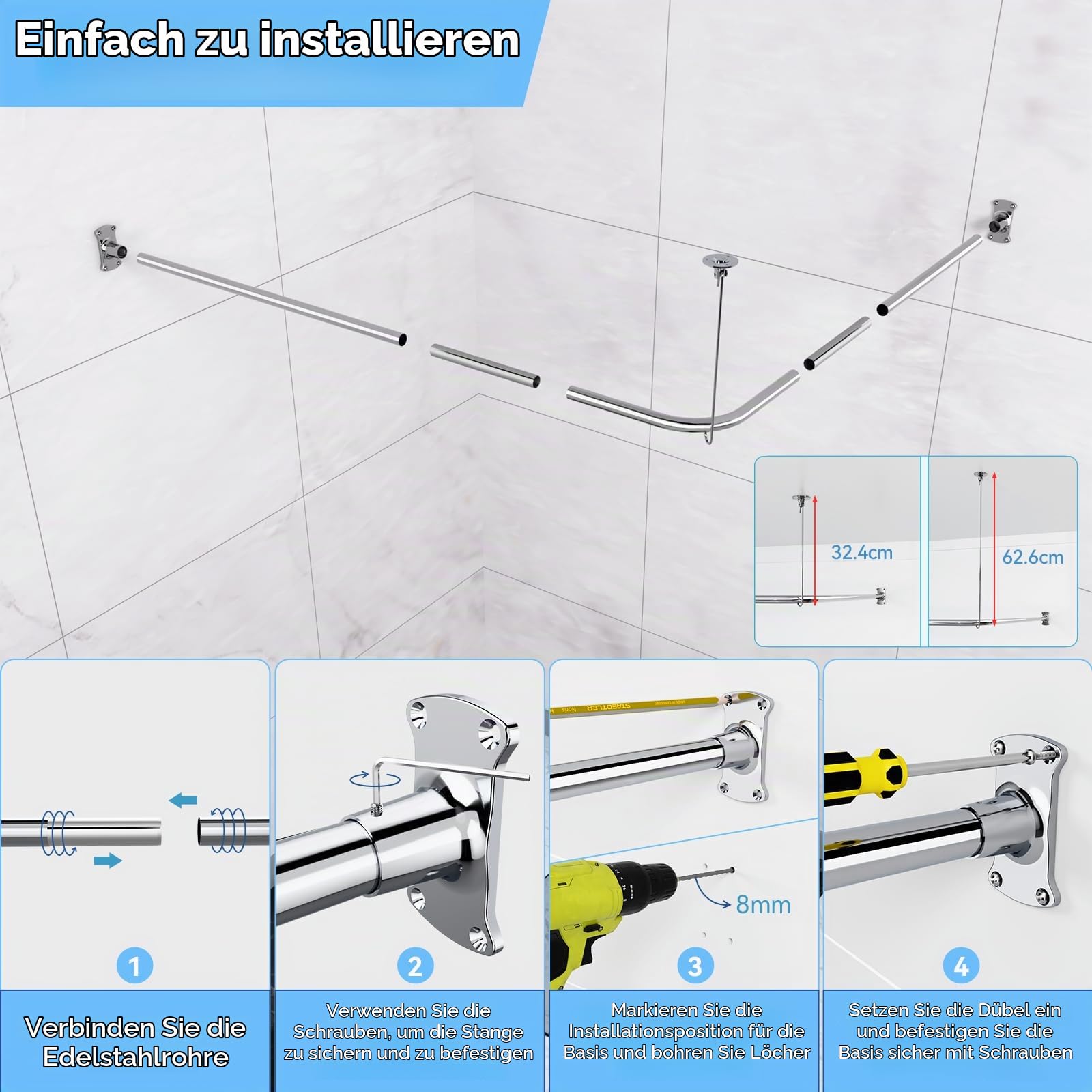 Duschvorhangstange L Form, 100-120x100-190cm Verstellbare Duschstange Ecke, SUS304 Edelstahl Duschvorhangschiene Ecke, Duschstange inkl. 16 Duschvorhangringe für Badewanne/Badezimmer