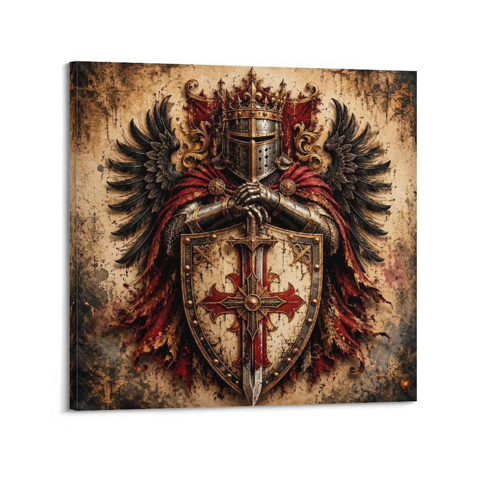 XKUGA Heraldic Shield Poster Crowned Cross Mark Medieval Crest Modern Decorative Canvas Prints - Ideal Wall Art for Family, Man Cave, Game Room, Boys & Girls Bedroom 28x28inch(70x70cm)