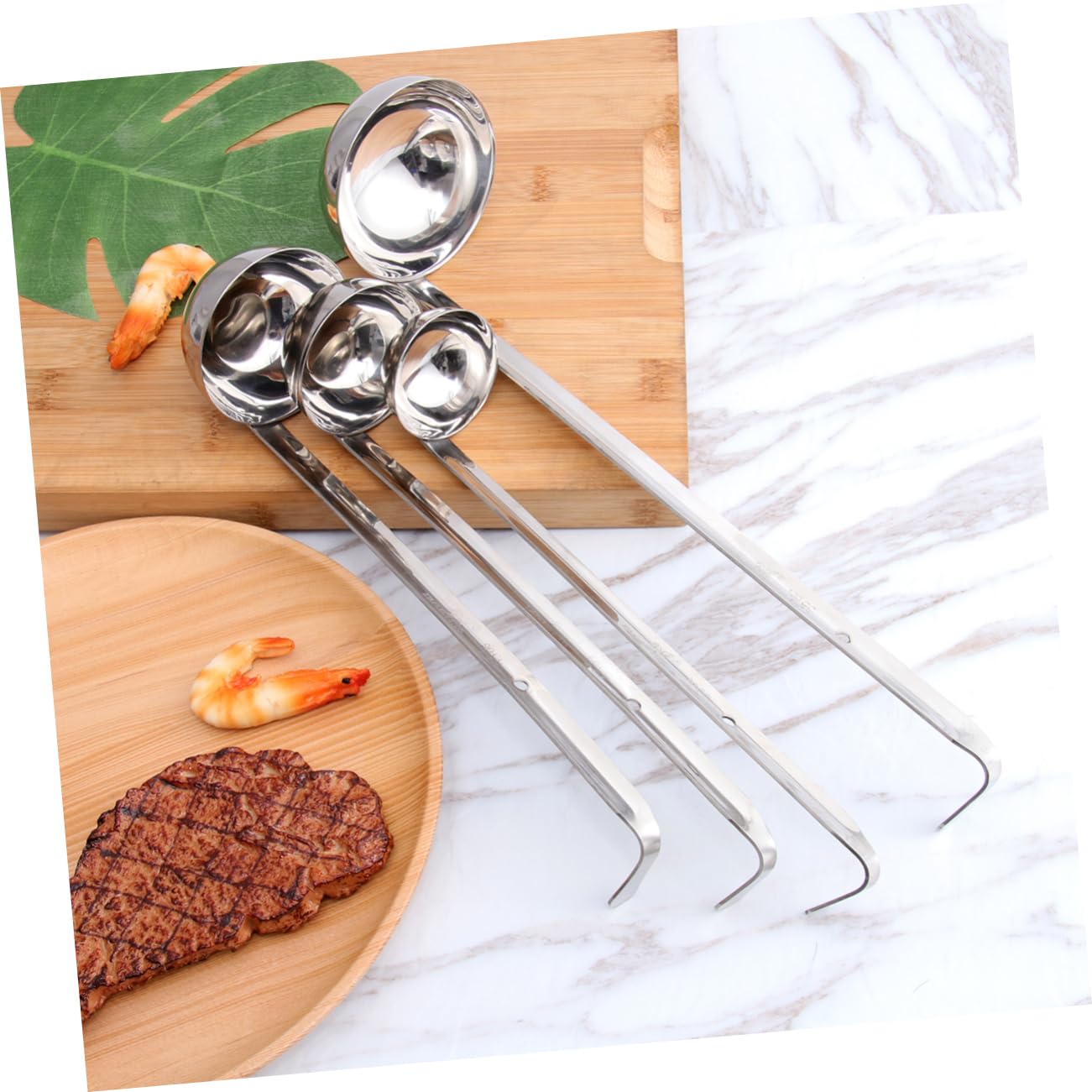 Set di 4 Mestoli da Zuppa in Acciaio Inossidabile Gancio, Manico e Resistente, Capacità da 30 a 120, per Cucinare e Servire in Cucina