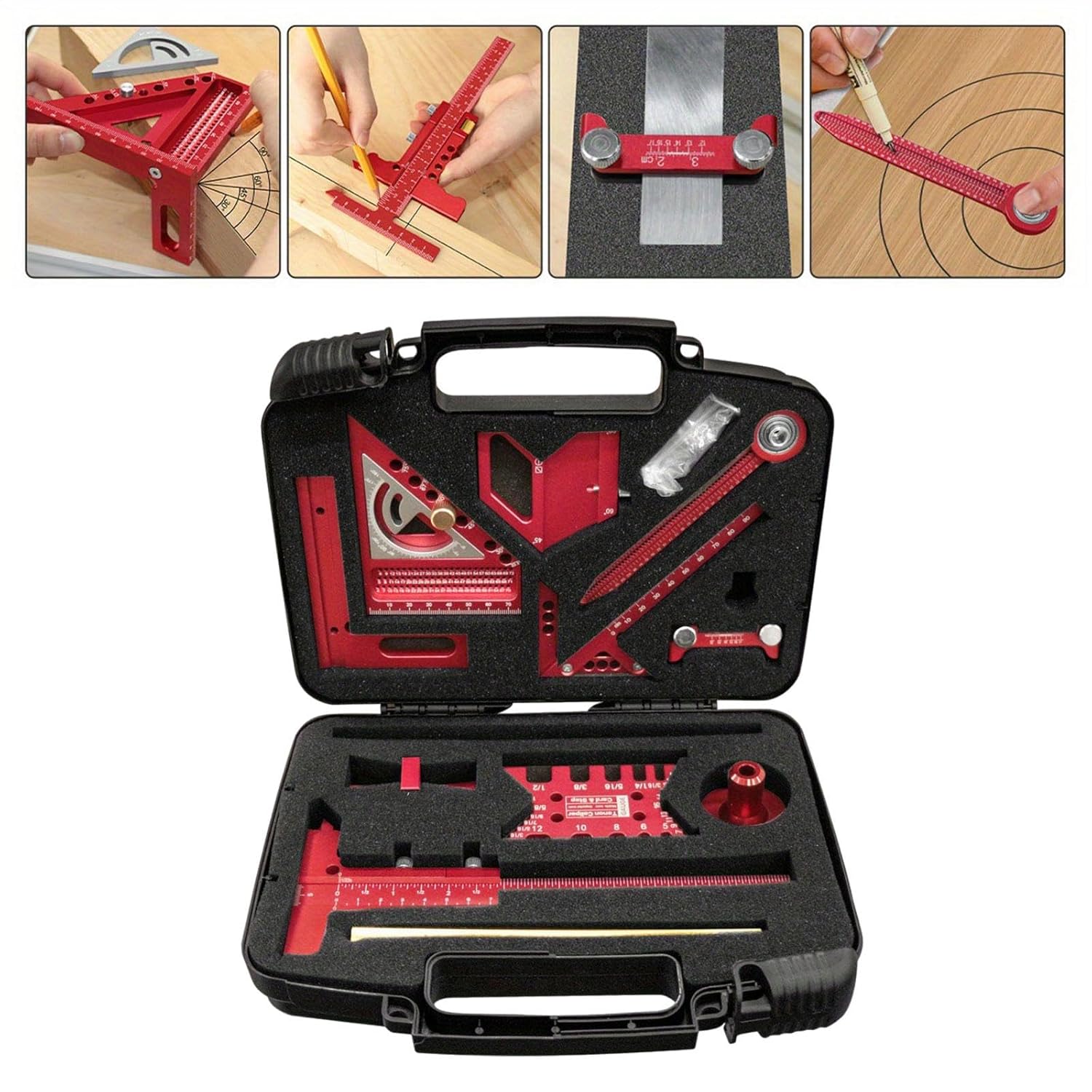 Freneci 木工定規セット、収納ボックス付き測定ツール、数学、建設、エンジニアリング用のポータブル測定機器, 10個