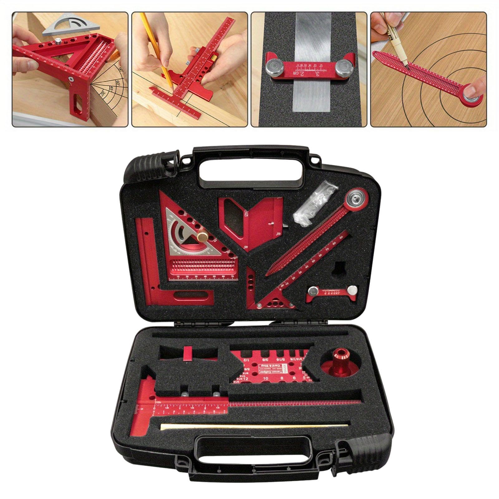 Milageto Set de Règles de Menuiserie Outil de Mesure Jauge de Traçage Équerre Polyvalente Rapporteur D'Angle En Aluminium avec Coffret Portable Approprié pour, 10 pièces